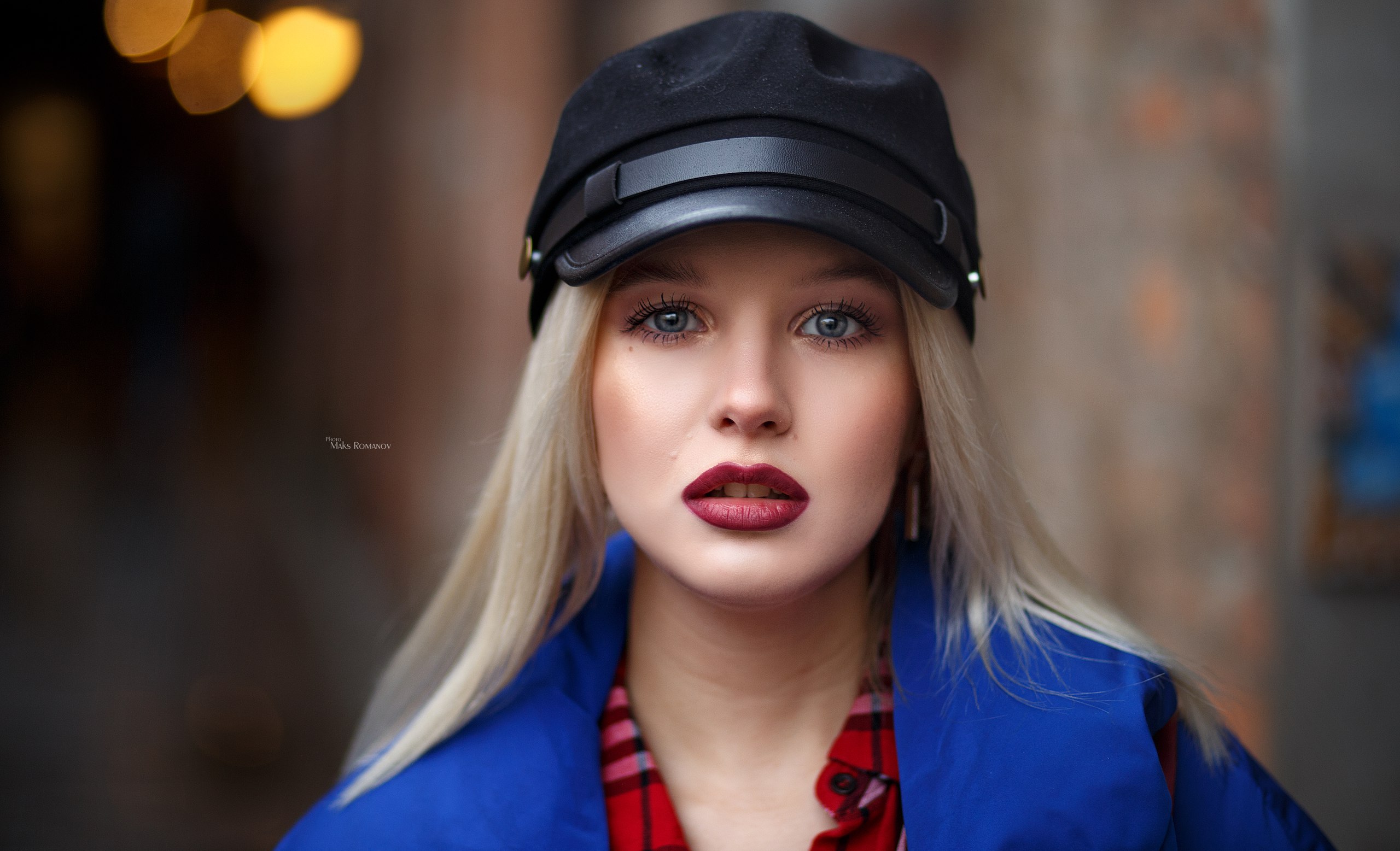 People 2560x1557 women blonde red lipstick face Maxim Romanov depth of field portrait blue coat Kristina