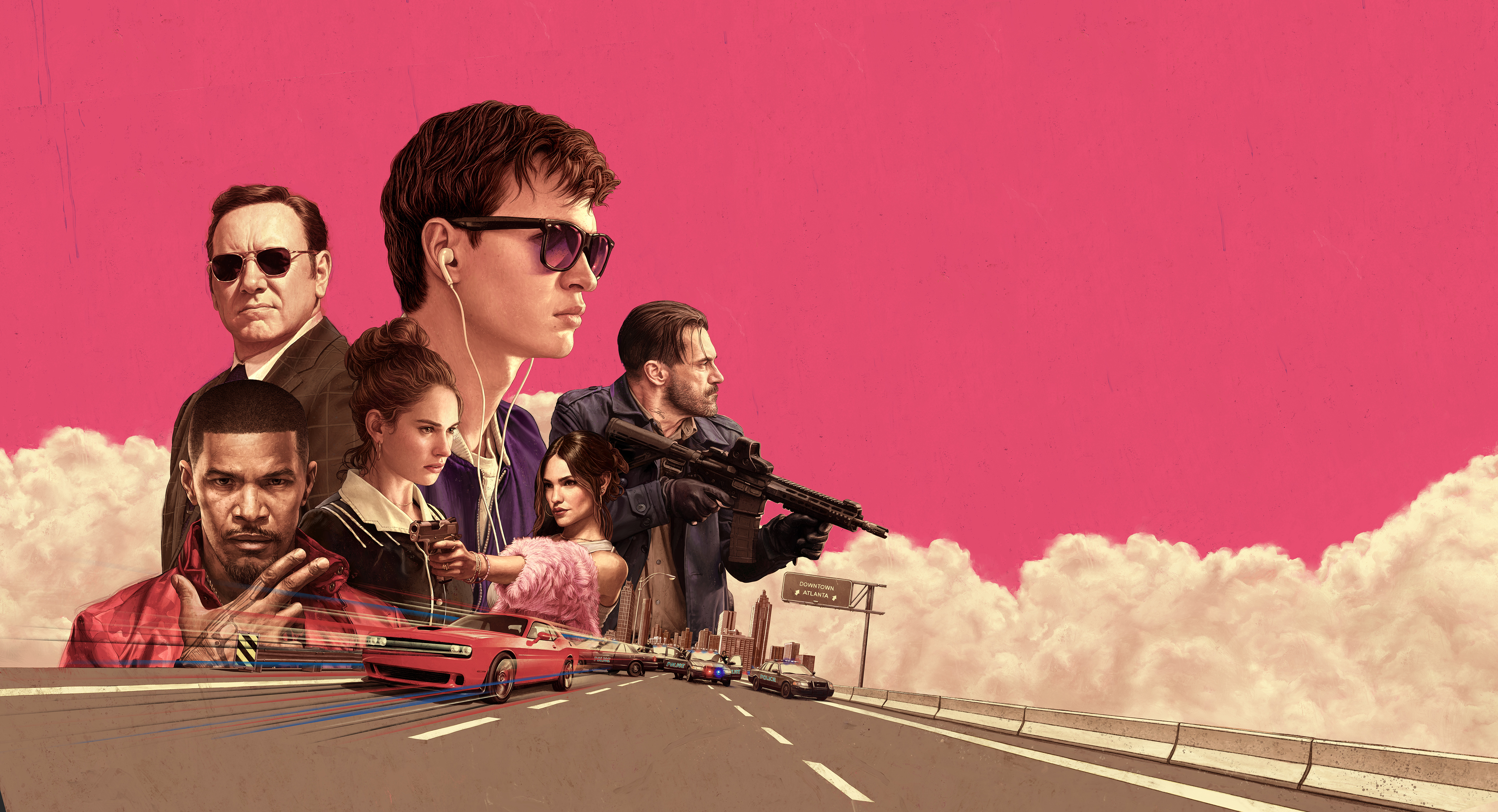 General 5000x2711 Baby Driver movies Kevin Spacey Jamie Foxx car road assault rifle weapon Jon Hamm Eiza Gonzalez Lily James Ansel Elgort poster