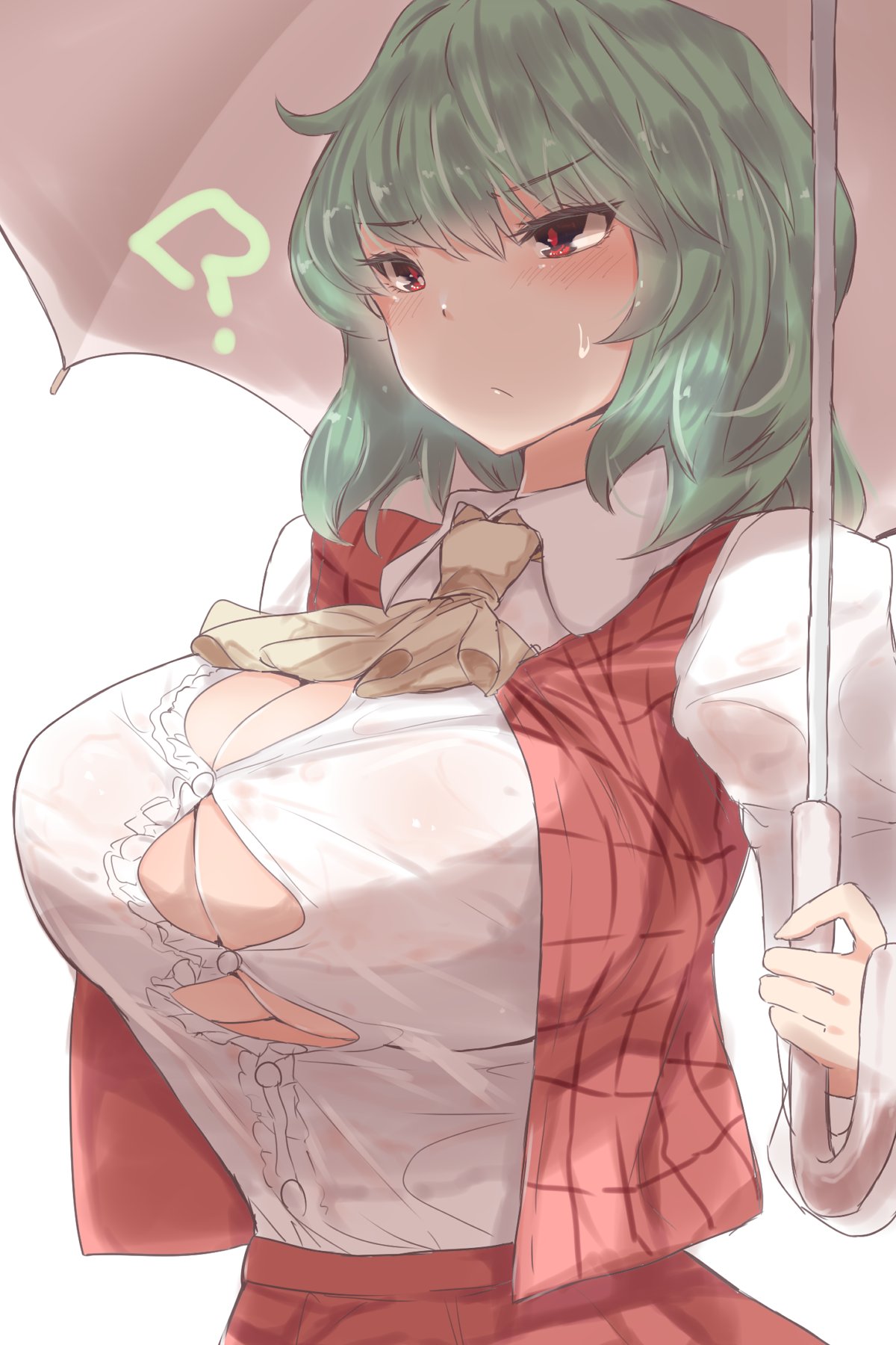 Anime 1200x1800 Kazami Yuuka Touhou cleavage green hair bursting breasts umbrella simple background white background boobs red eyes sweat