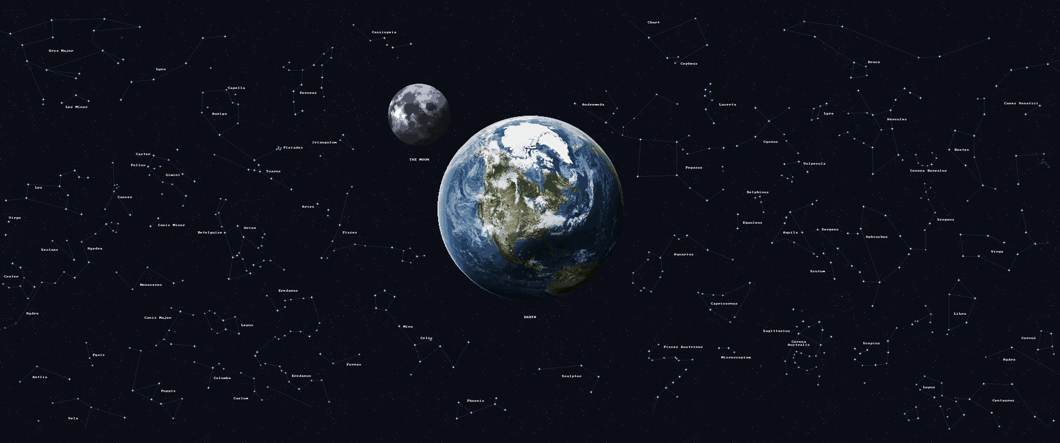 General 3440x1440 8-bit pixel art Earth Moon stars space ultrawide