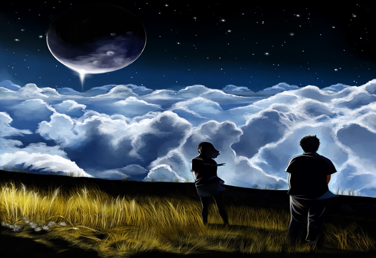 Anime 1280x877 sky clouds night dark anime girls landscape planet science fiction stars grass artwork couple