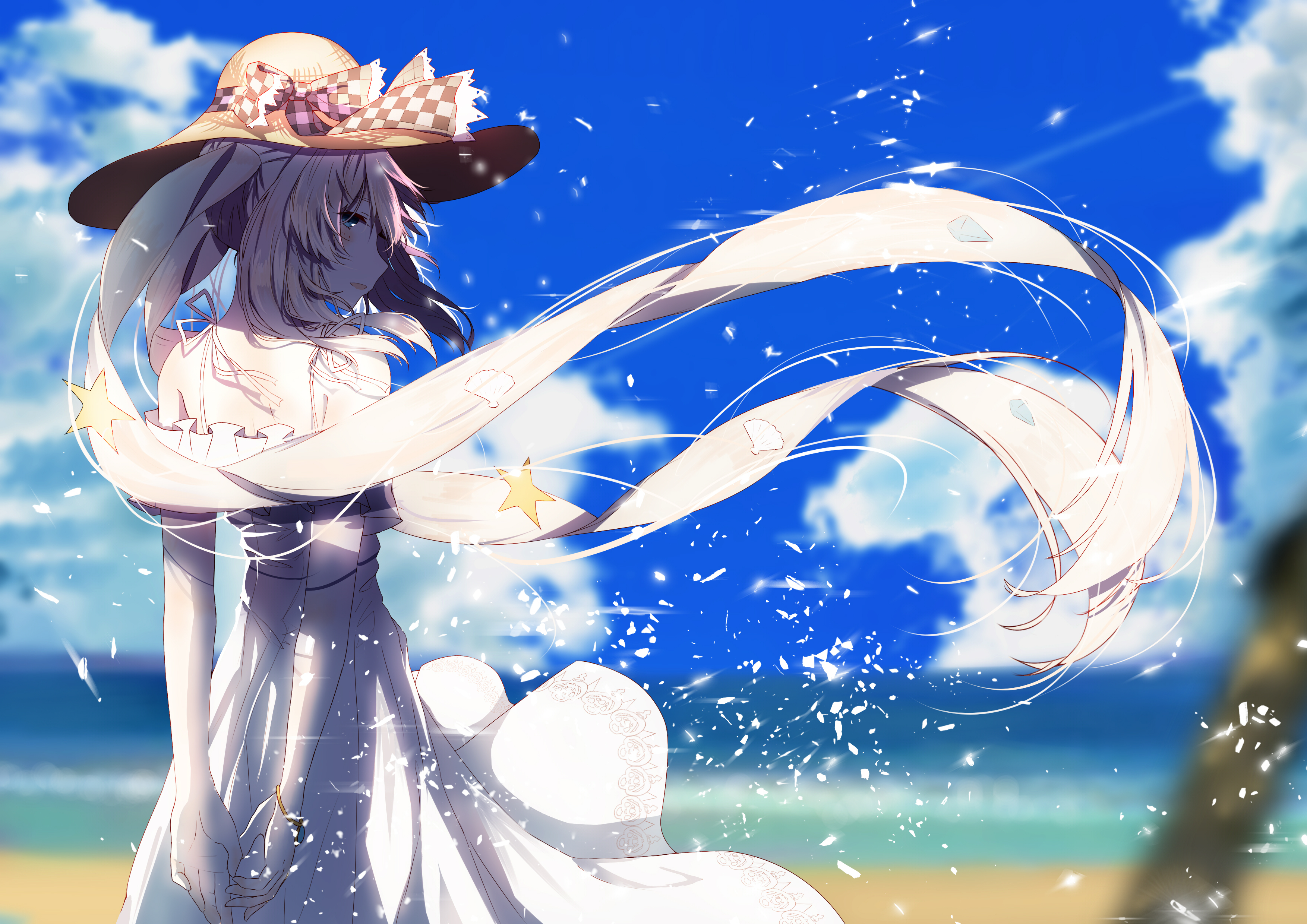 Anime 3507x2480 aqua eyes Fate series anime girls summer dress Fate/Grand Order twintails sky blue water windy dress clouds beach long hair looking back sunlight looking at viewer