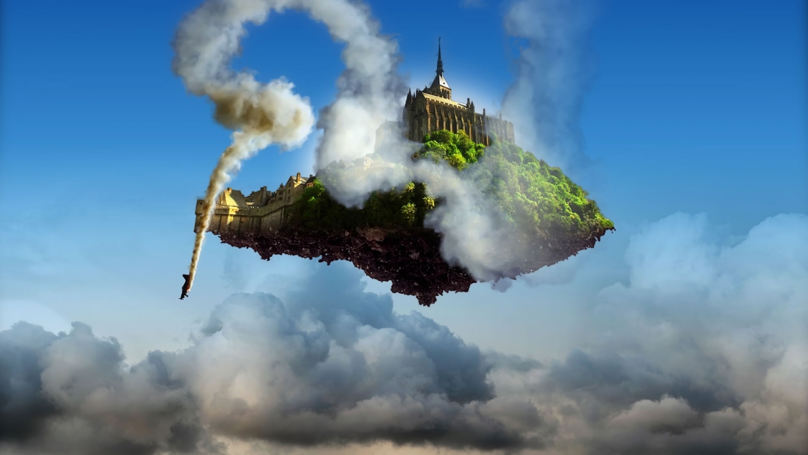 General 1600x900 architecture ancient tower clouds floating island smoke plants digital art building cathedral