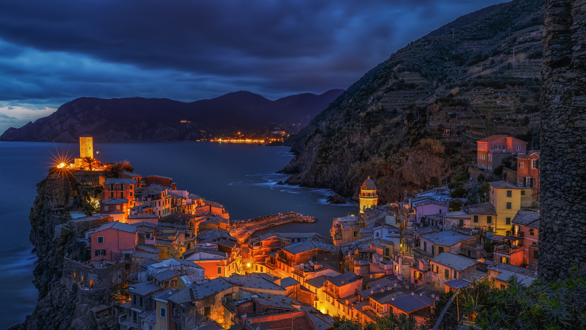 General 1920x1080 architecture building old building Vernazza Italy village cliff mountains sea clouds evening lights house coast Cinque Terre Liguria