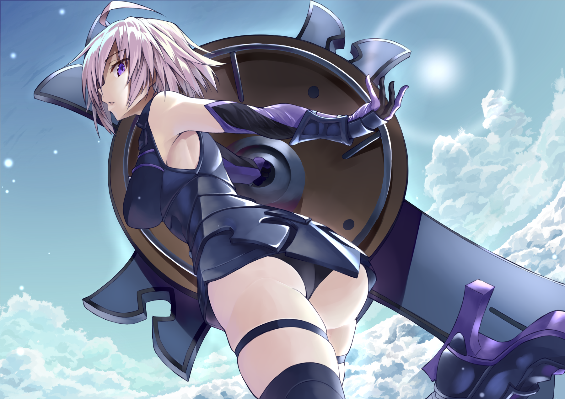 Anime 1800x1272 ass bodysuit boobs clouds elbow gloves Fate/Grand Order Fate series gloves pink hair purple hair purple eyes short hair sky thigh-highs low-angle