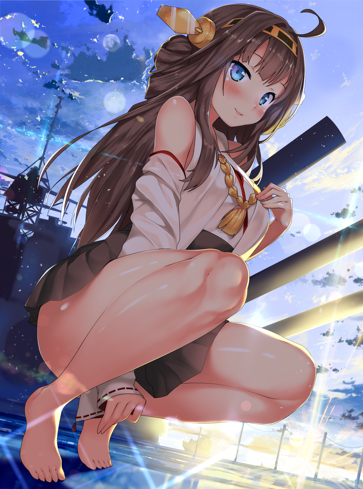 Anime 1183x1594 feet Kantai Collection Kongou (KanColle) skirt sky sunlight Kawai (artist) artwork anime girls brunette blue eyes blushing hand(s) between legs squatting barefoot