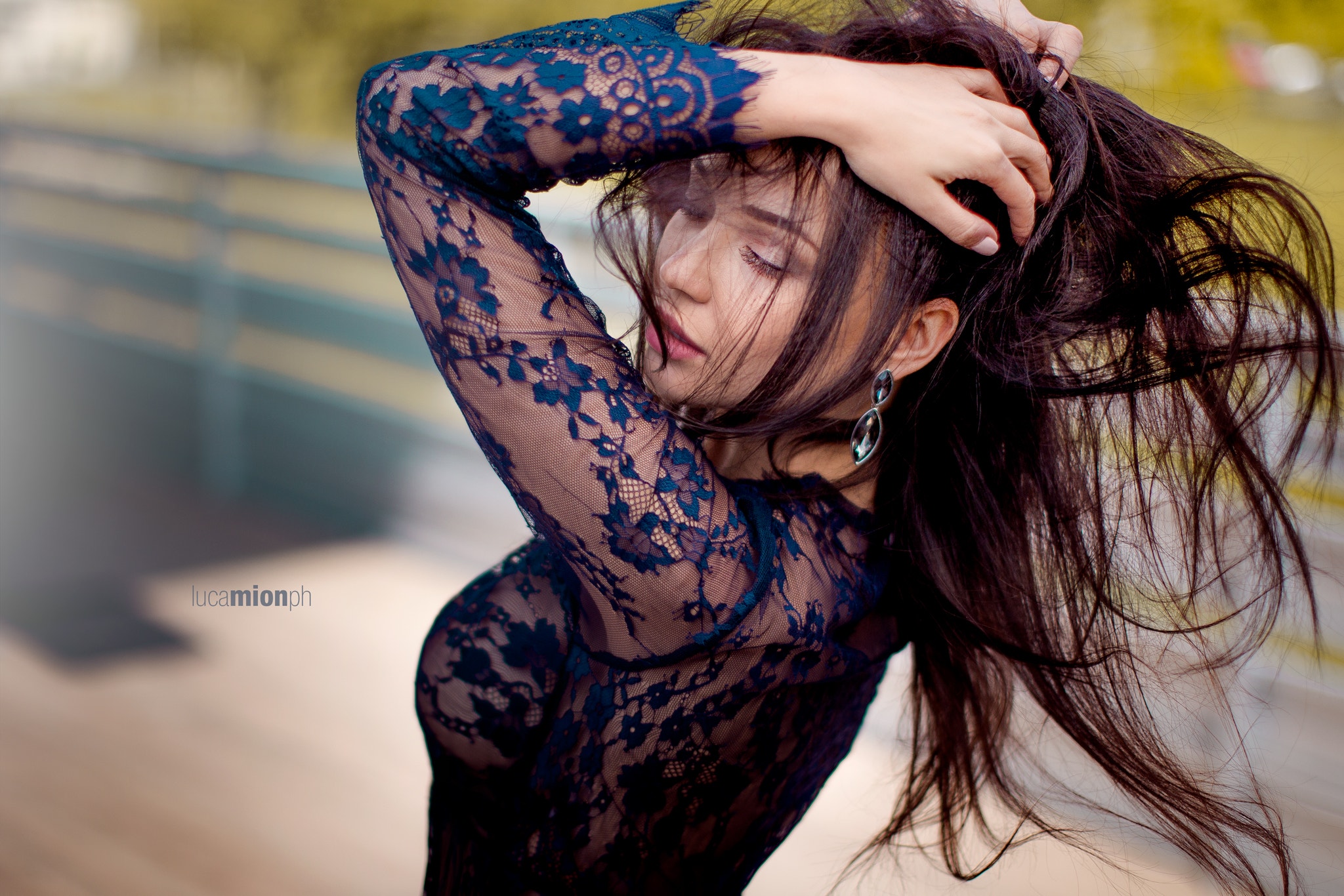 People 2048x1366 Angelina Petrova Luca Mion model women hands on head brunette long hair see-through clothing watermarked