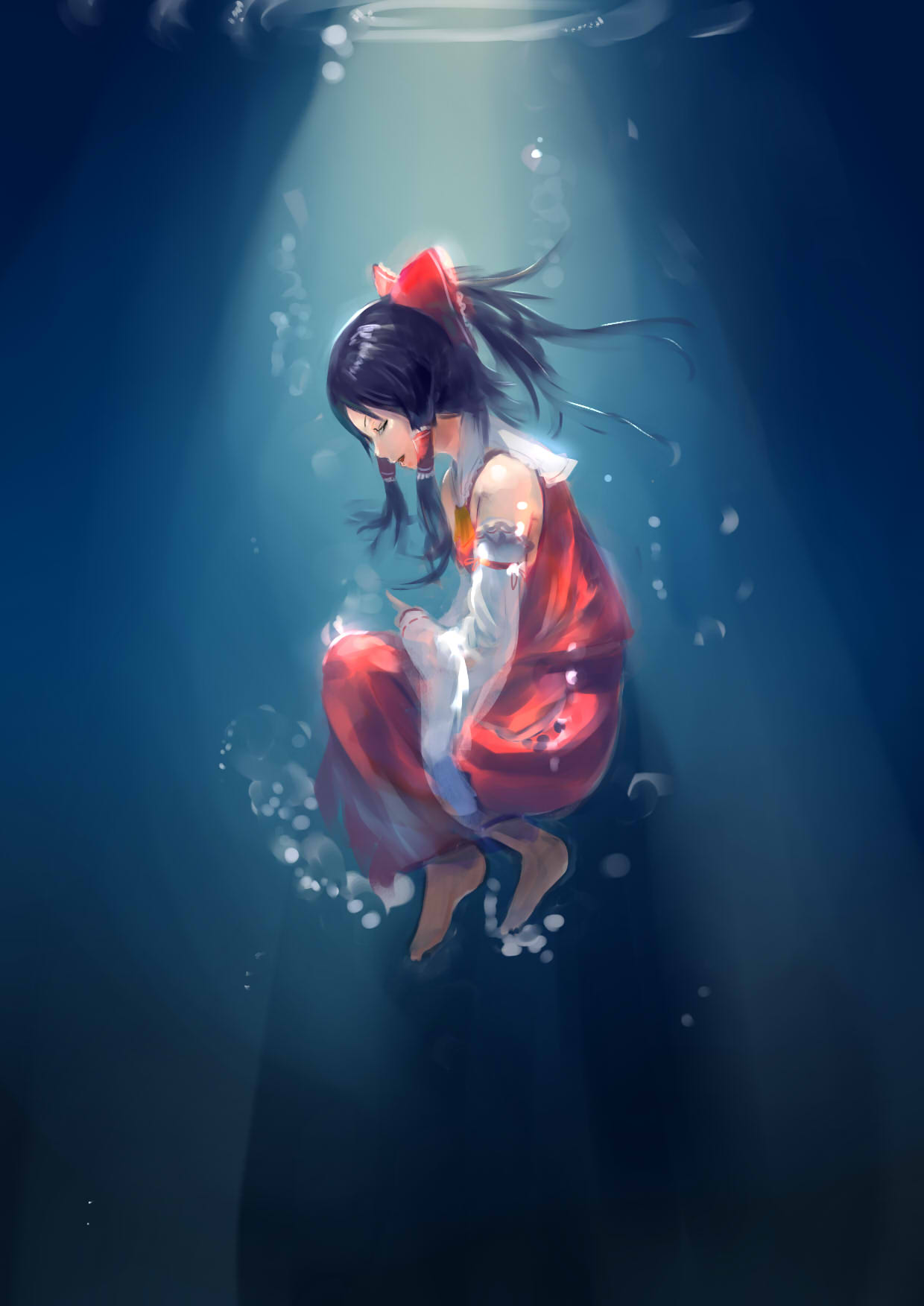 Anime 1240x1753 anime girls anime Touhou Hakurei Reimu underwater barefoot