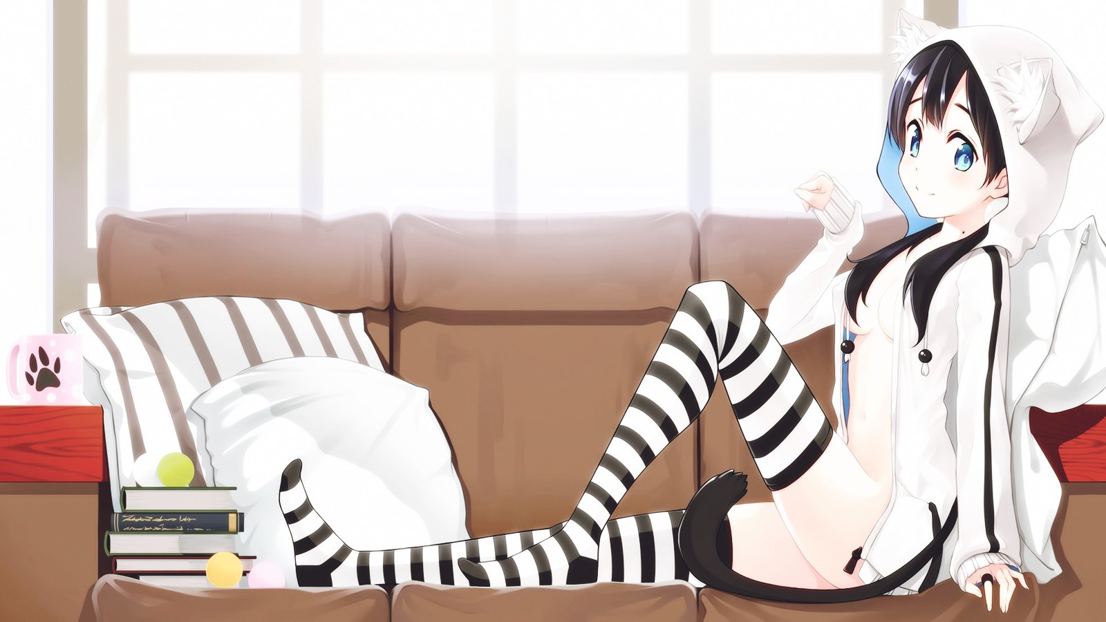 Anime 1600x900 anime anime girls cat ears cat tail books blue eyes pillow couch window stockings boobs long hair looking at viewer striped stockings tail sitting