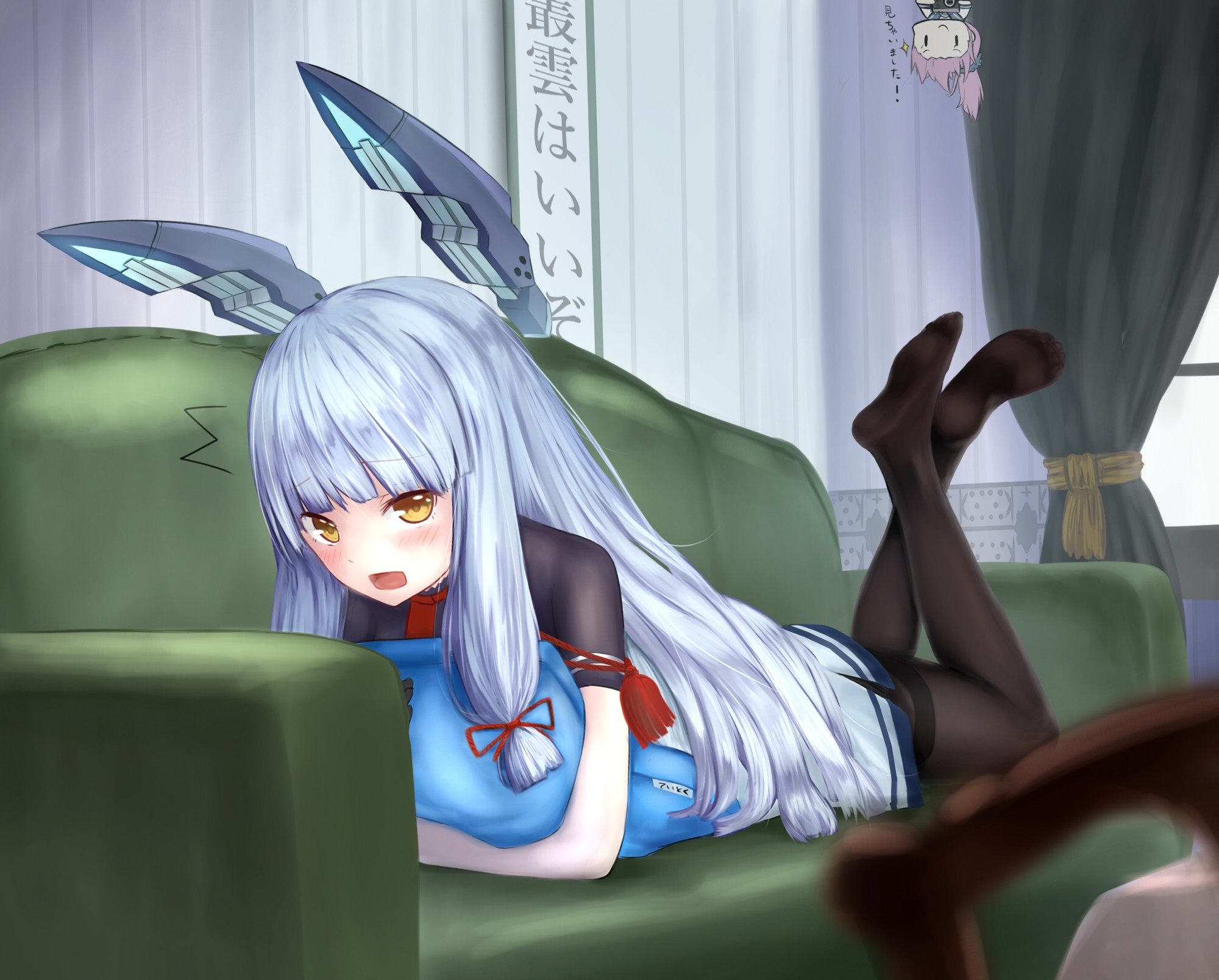 Anime 2000x1608 anime anime girls Kantai Collection Murakumo (KanColle) chibi couch long hair white hair lying on front legs up open mouth green couch pantyhose black pantyhose yellow eyes