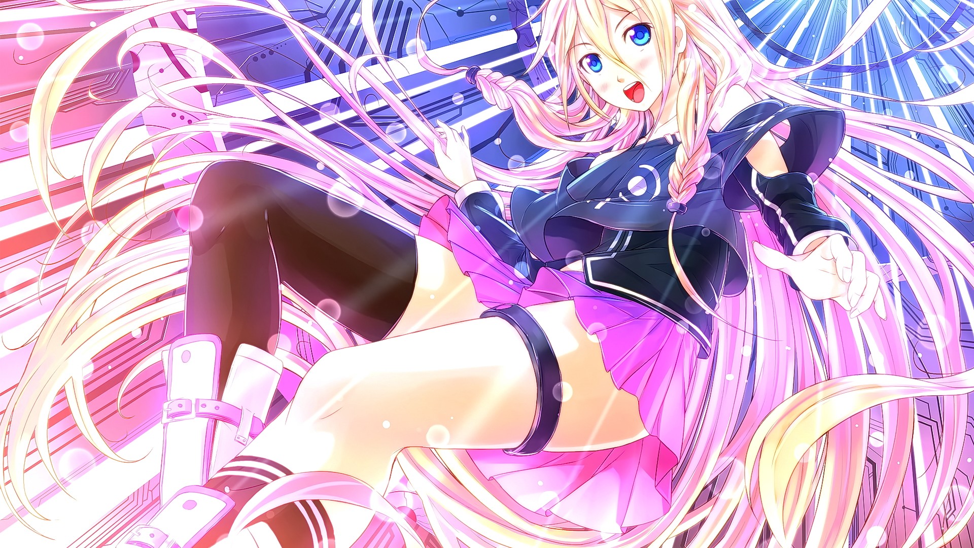 Anime 1920x1080 anime anime girls blonde blue eyes open mouth smiling looking at viewer Vocaloid IA (Vocaloid) thighs legs skirt