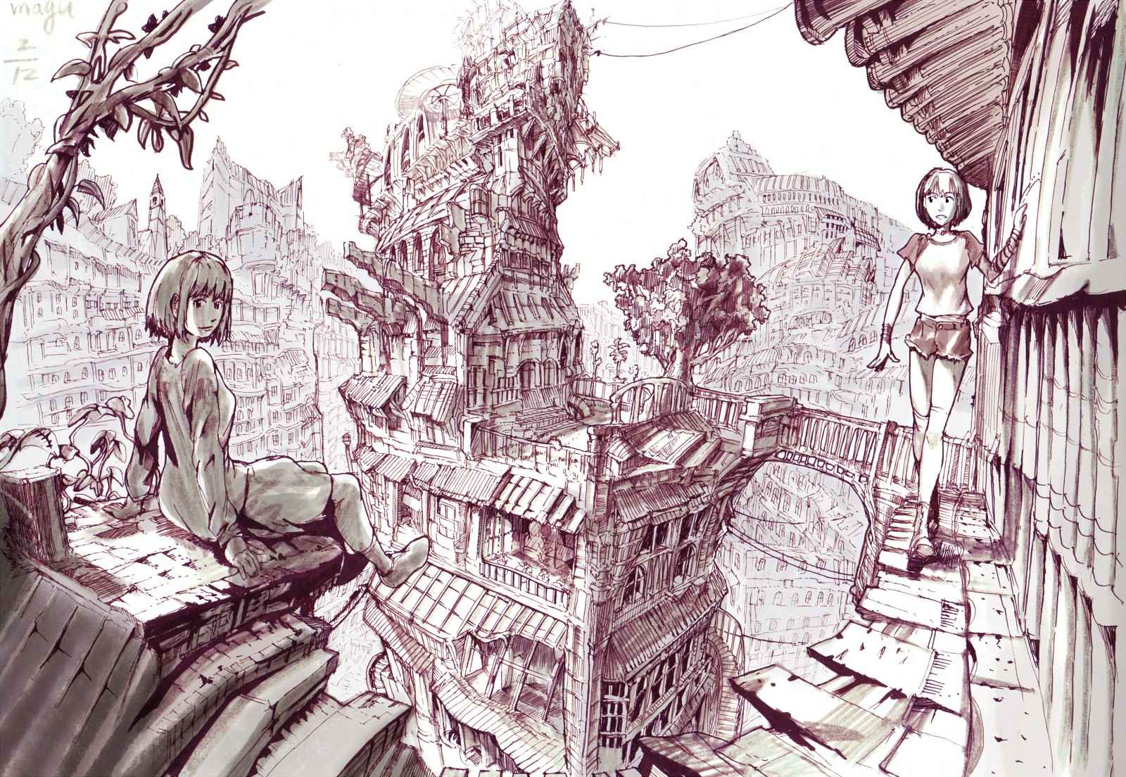 Anime 1600x1104 anime girls cityscape anime rooftops drawing two women