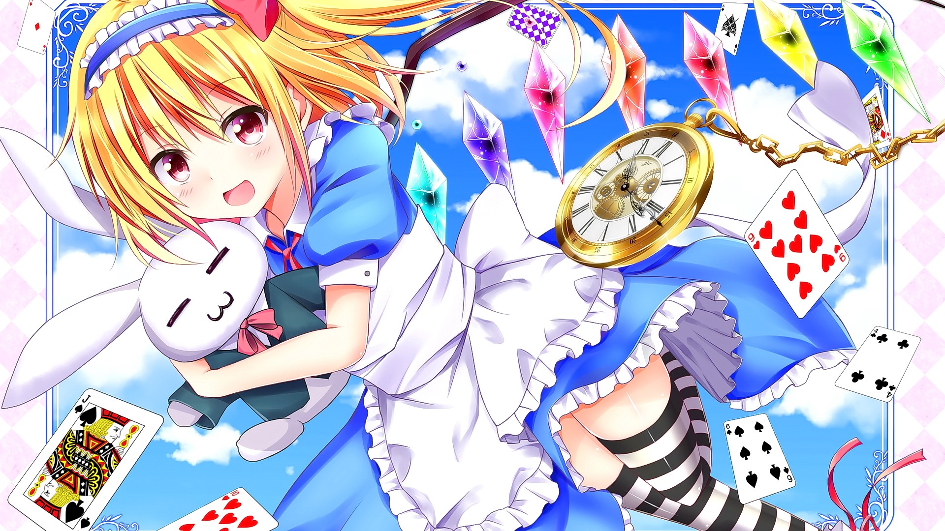 Anime 1920x1080 anime anime girls blonde red eyes looking at viewer smiling Touhou Flandre Scarlet open mouth long hair stockings striped stockings playing cards clocks dress