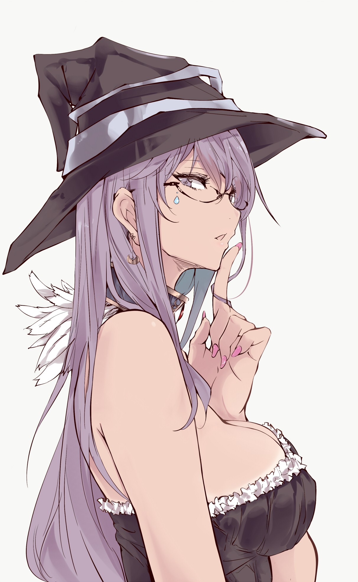 Anime 1212x1967 anime anime girls cleavage witch hat original characters witch hat women women with hats boobs sideboob white background Pixiv simple background purple hair women with glasses long hair pink nails painted nails