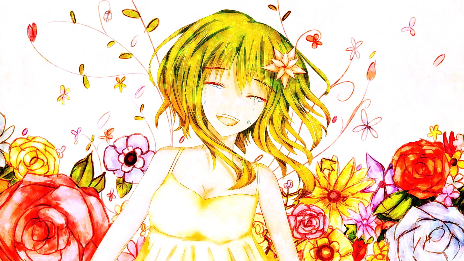 Anime 1920x1080 anime anime girls green hair closed eyes flowers white background Vocaloid Megpoid Gumi flower in hair simple background tears plants colorful long hair