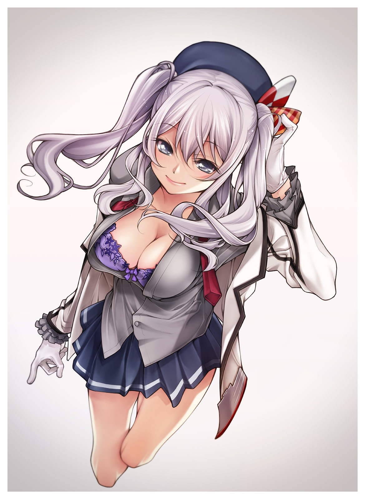 Anime 1170x1600 anime anime girls Kantai Collection Kashima (KanColle) bra cleavage open shirt uniform boobs big boobs simple background skirt purple lingerie lingerie purple bra hat women with hats smiling looking at viewer curvy
