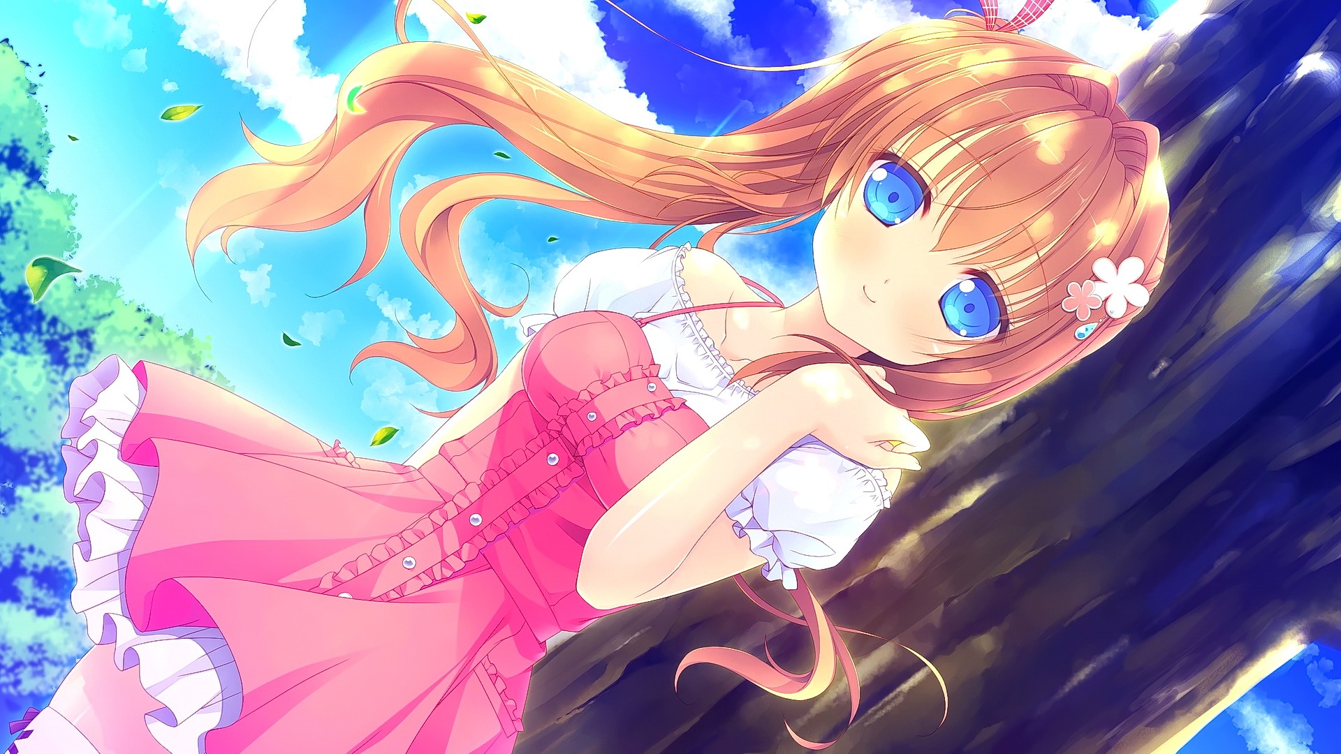 Anime 1920x1080 anime anime girls blonde long hair blue eyes flowers hair ornament smiling looking at viewer pink dress dress pink clothing