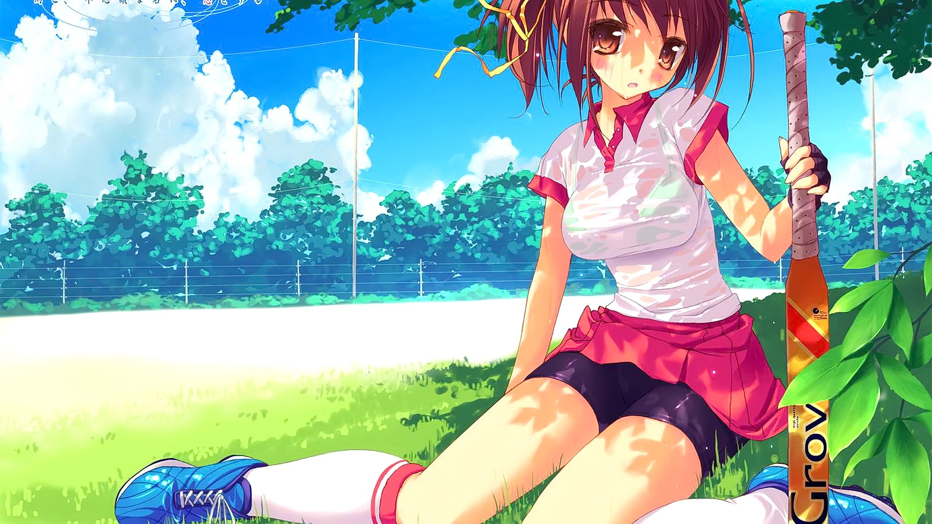 Anime 1920x1080 anime anime girls brunette looking at viewer hairband thighs grass long hair women outdoors sitting boobs big boobs