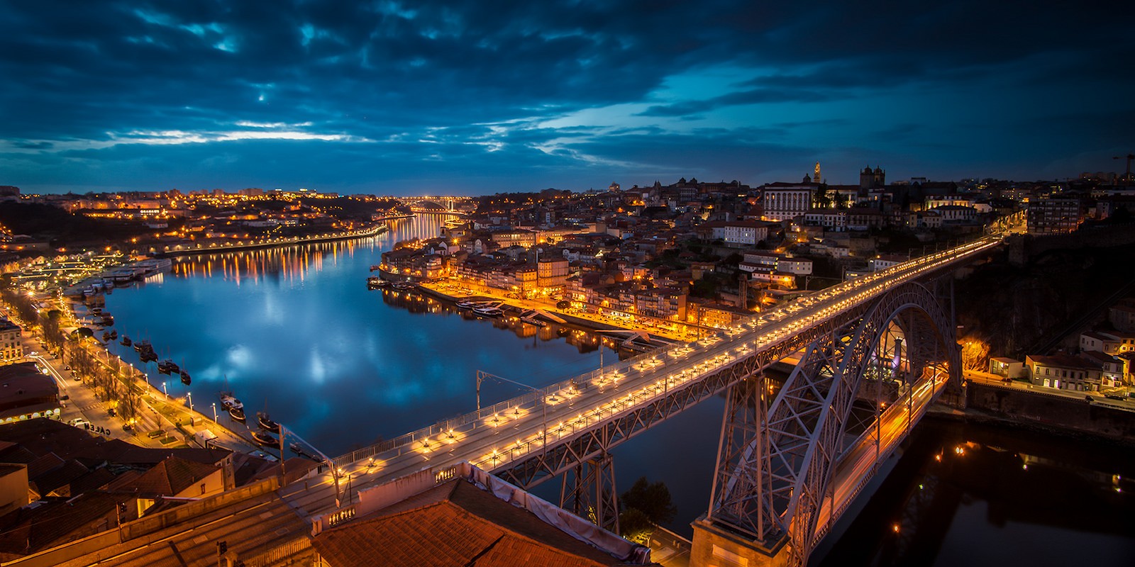 General 1600x800 bridge cityscape Porto city city lights river Portugal Dom Luís I Bridge Rio Douro