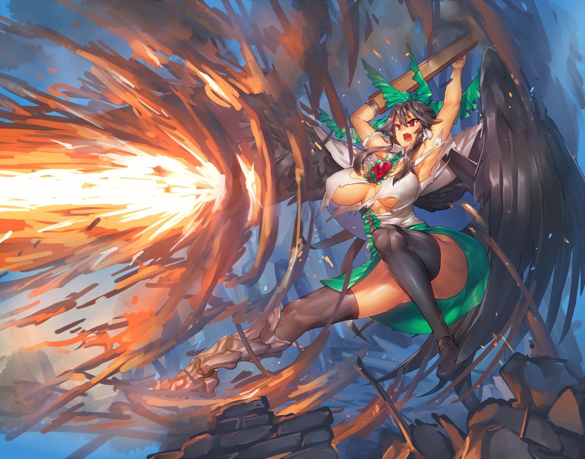 Anime 1200x942 Touhou Reiuji Utsuho weapon wings thigh-highs skirt torn clothes boobs big boobs huge breasts fantasy art curvy anime anime girls stockings open mouth red eyes thighs legs women