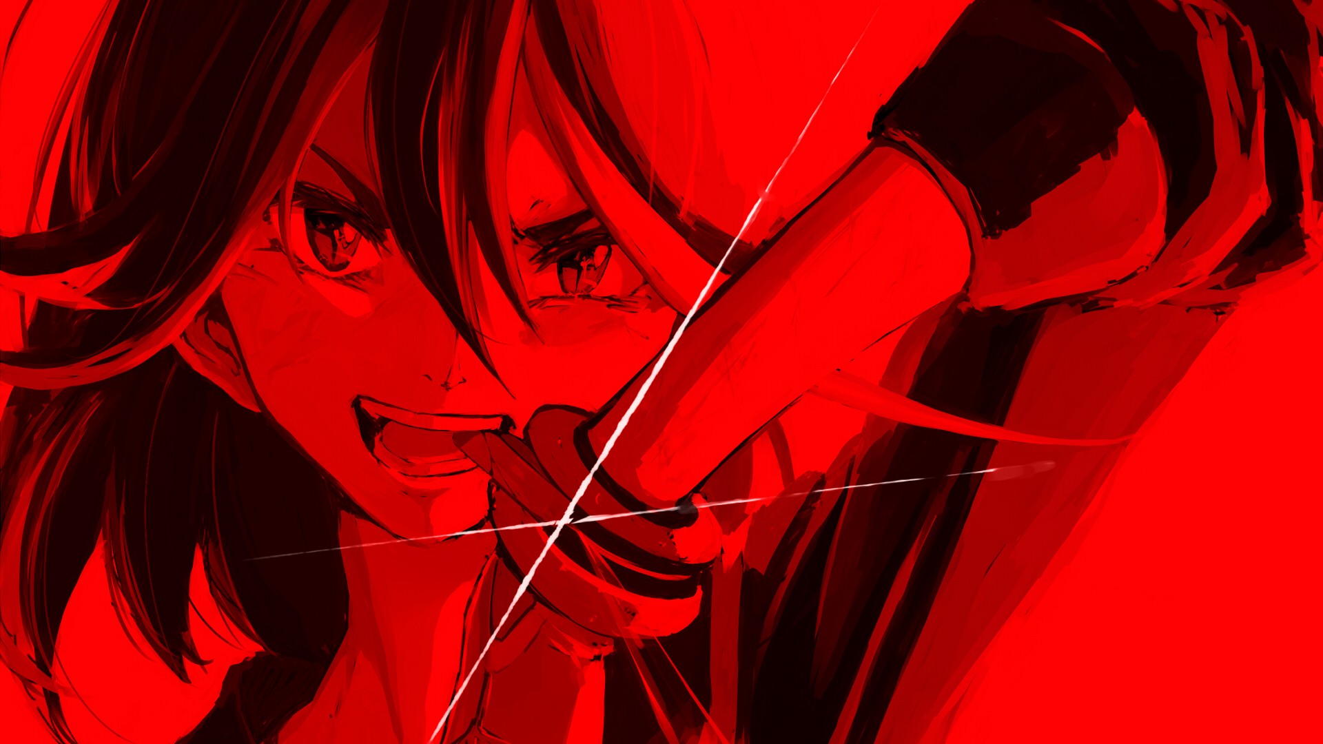 women, angry, hair in face, open mouth, face, anime, Kill la Kill, Matoi  Ryuuko, red background, anime girls, closeup