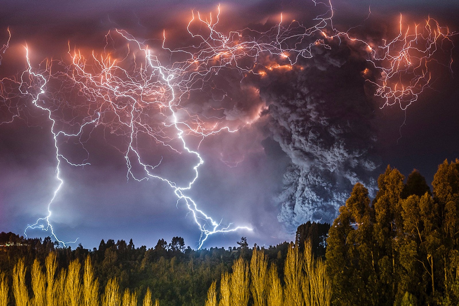 General 1600x1067 photography nature landscape lightning storm forest volcano night eruption Chile South America