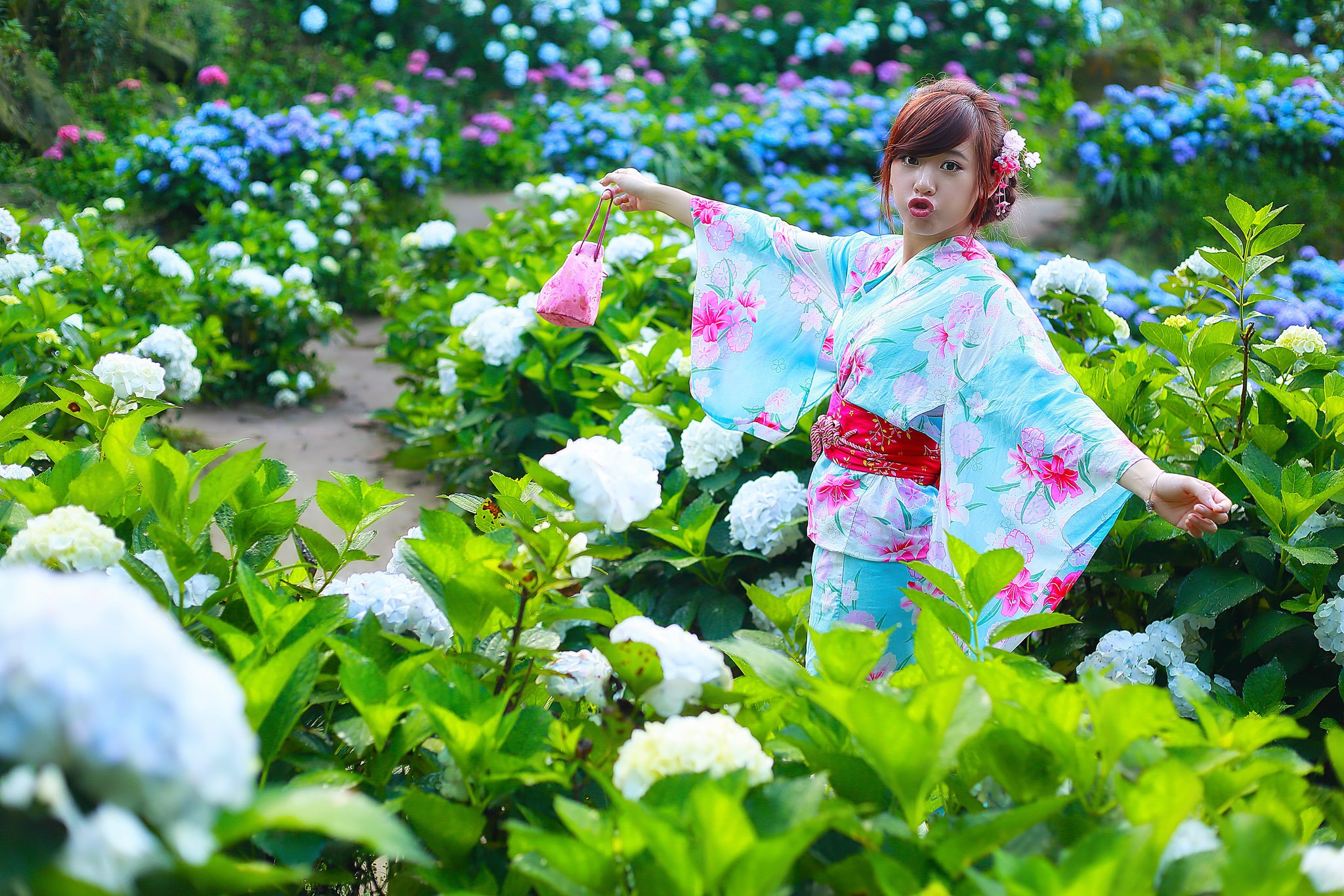 People 2048x1365 garden Asian women model flowers plants traditional clothing park looking at viewer makeup flower in hair women outdoors