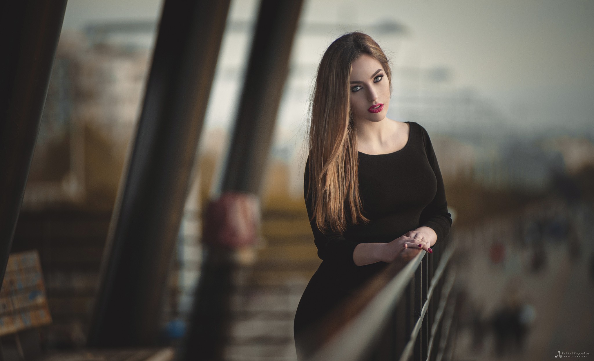 People 2048x1244 women portrait dress balcony looking at viewer long hair model red nails painted nails makeup straight hair black dress black clothing watermarked brunette Angelos Tzitzifopoulos