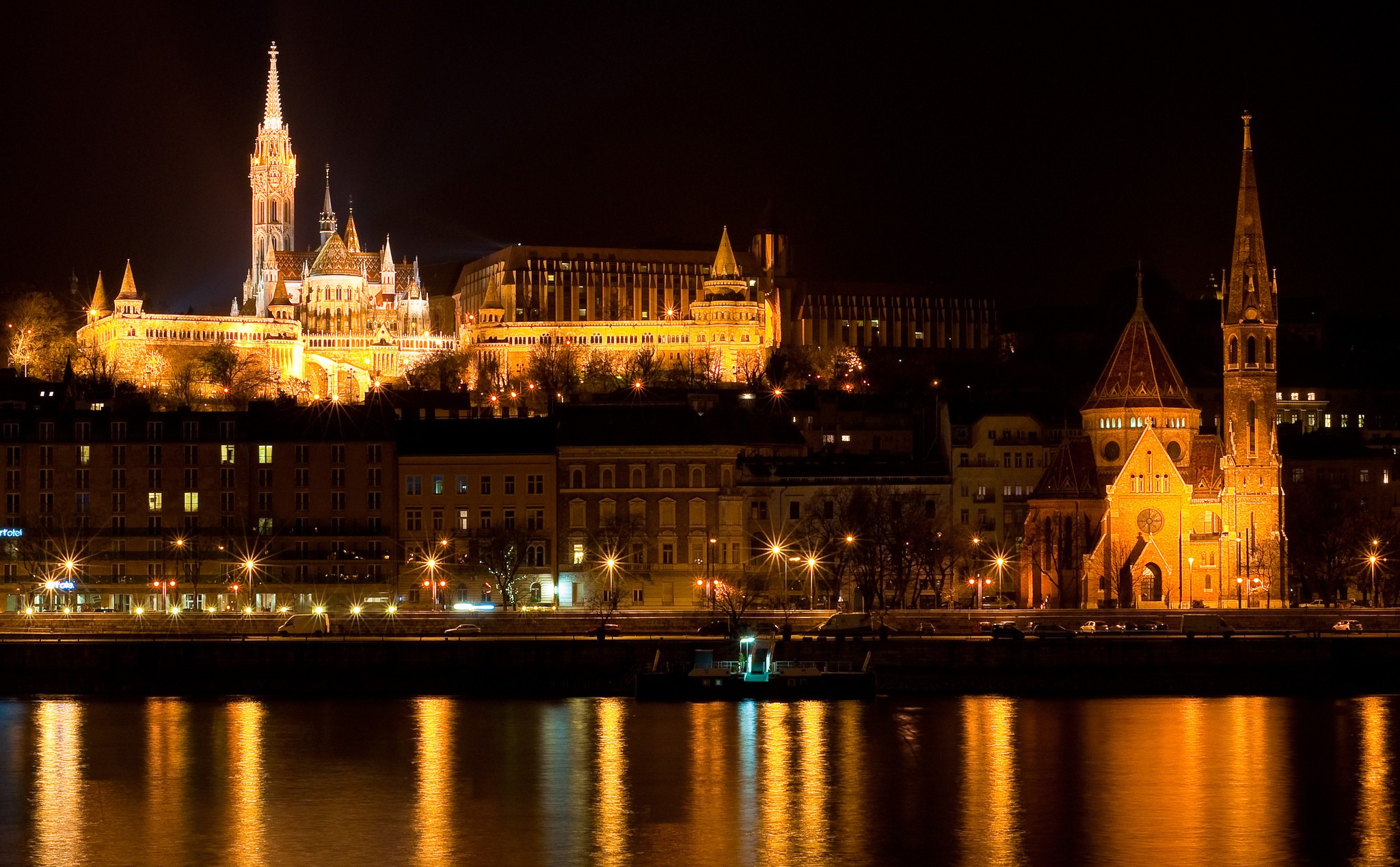 General 2048x1268 city Budapest Hungary night city lights water low light river Danube