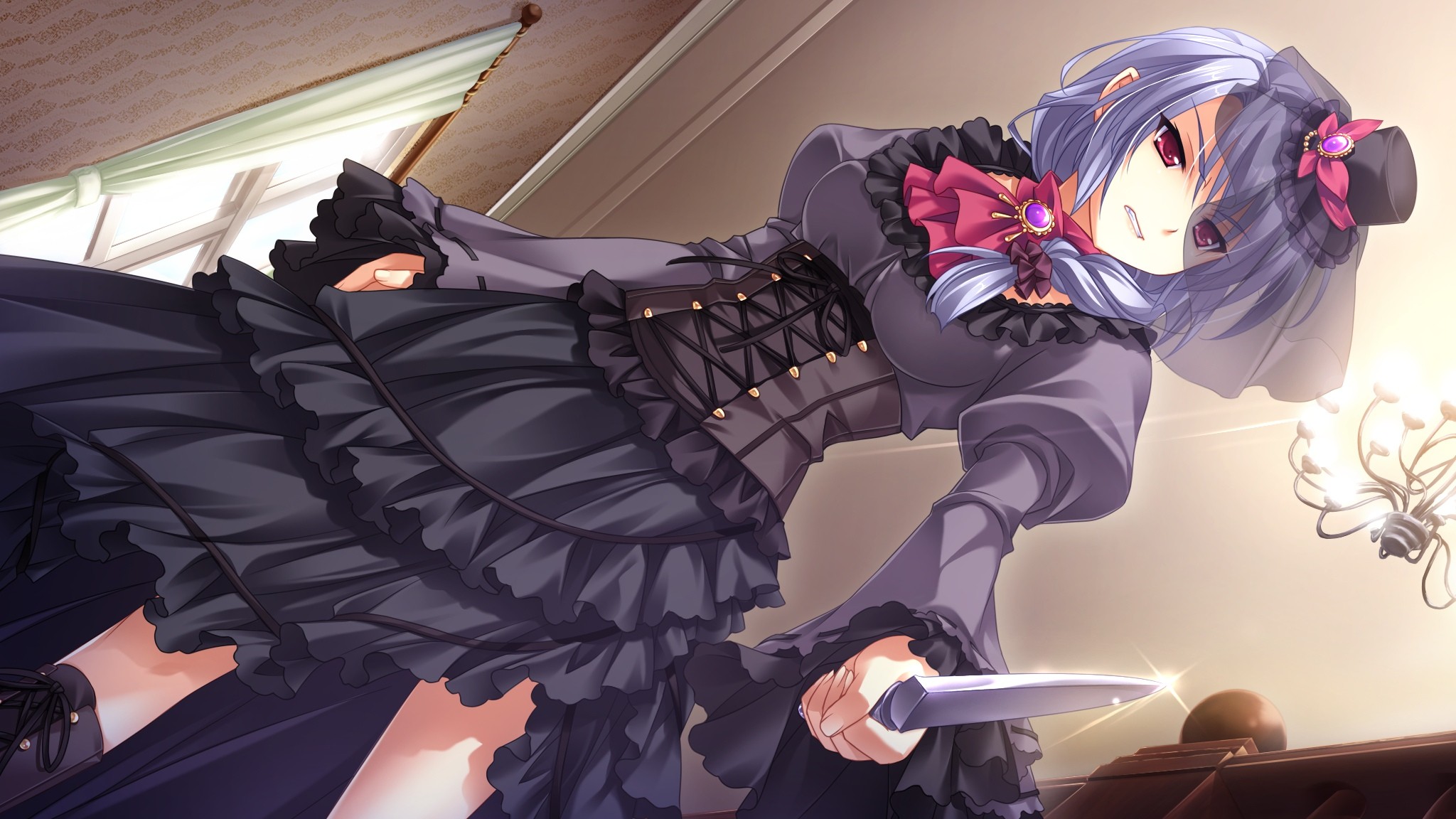 Anime 2048x1152 anime girls anime visual novel black dress dress dagger knife hat women with hats angry