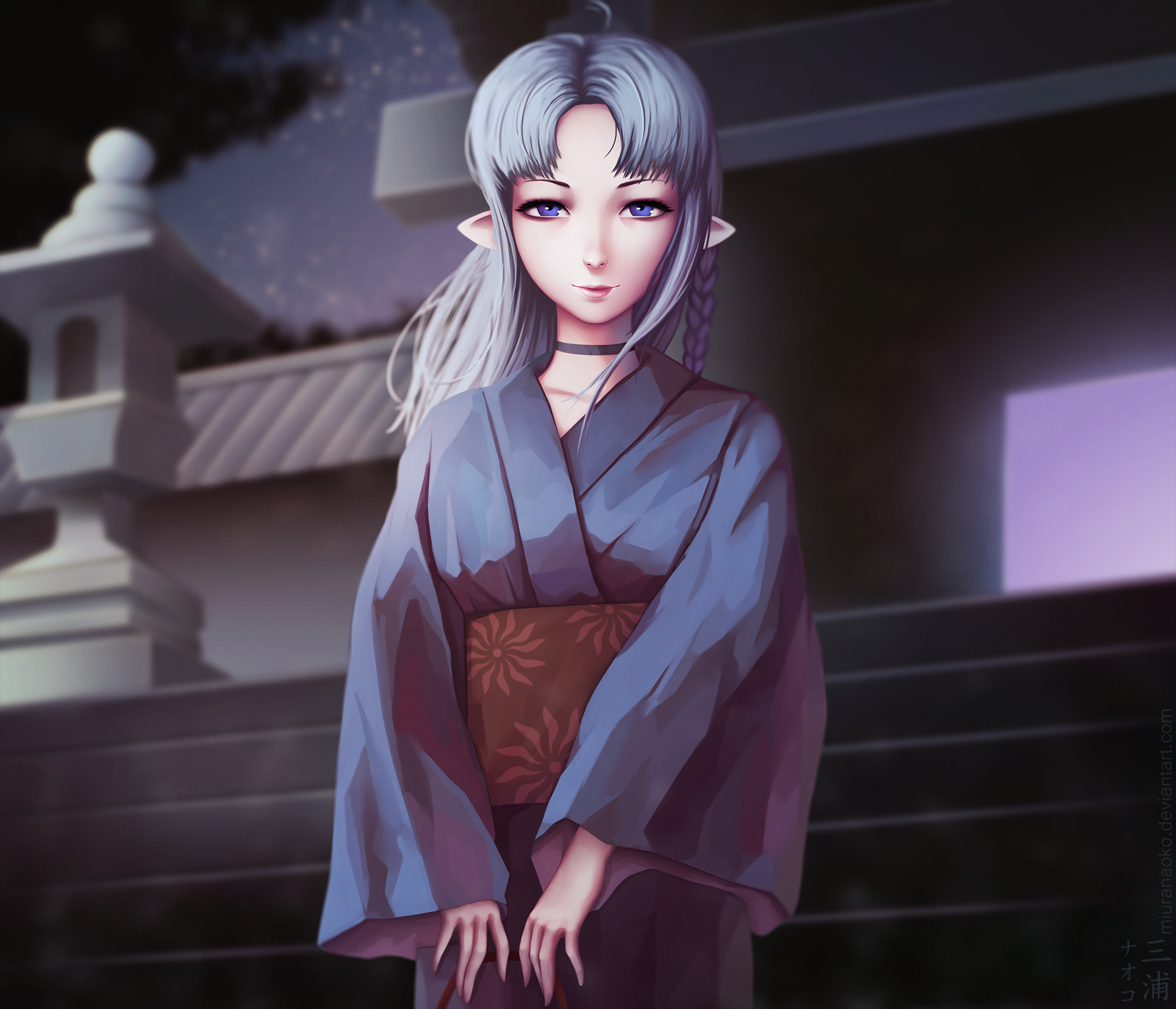 Anime 2100x1800 anime anime girls Fate/Stay Night Caster (Fate/Stay Night) long hair blue eyes gray hair kimono Japanese clothes pointy ears women looking at viewer Pixiv