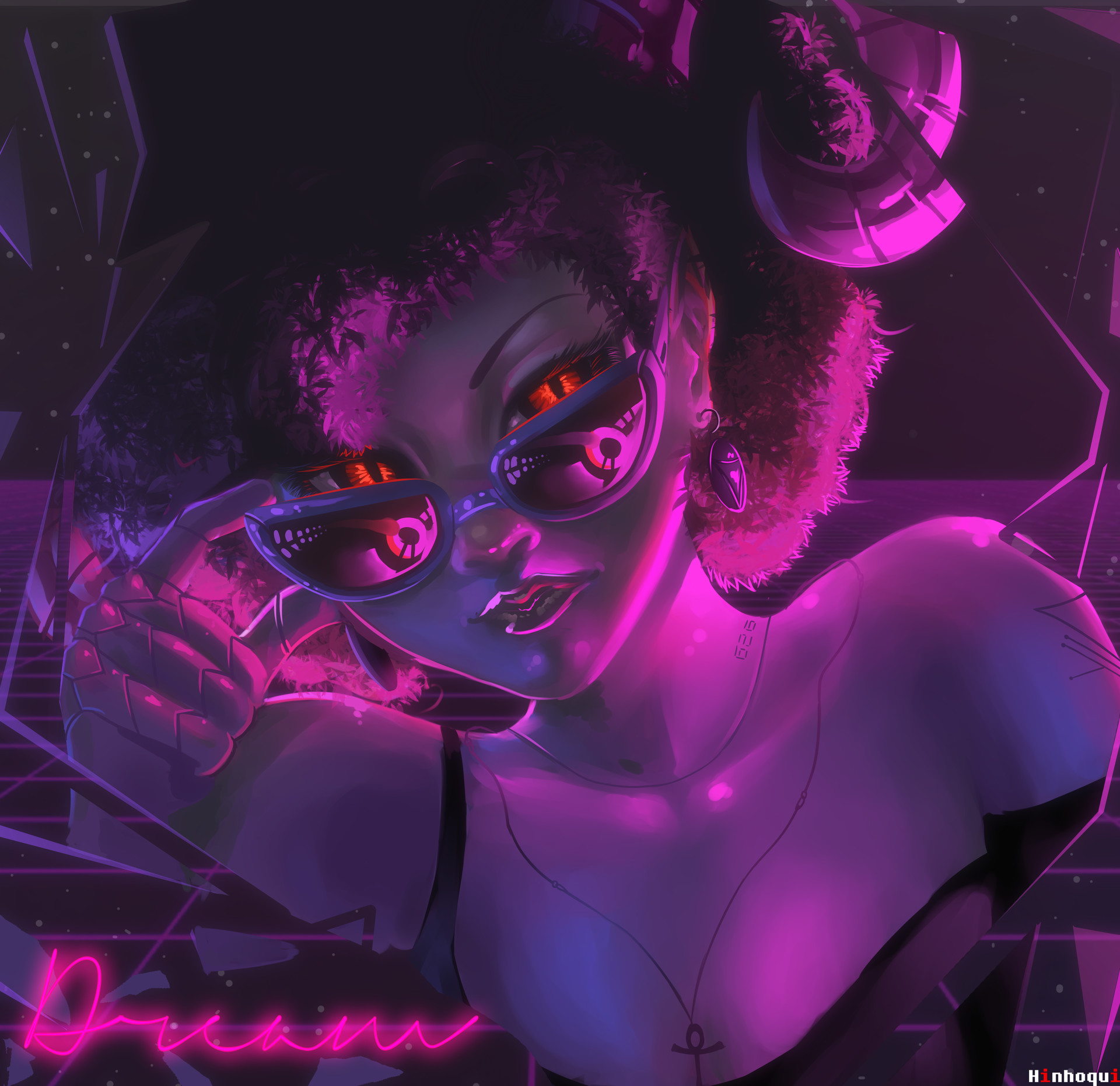 General 1920x1862 women artwork original characters synthwave cyberpunk women with glasses face closeup bare shoulders short hair hat reflection necklace neon