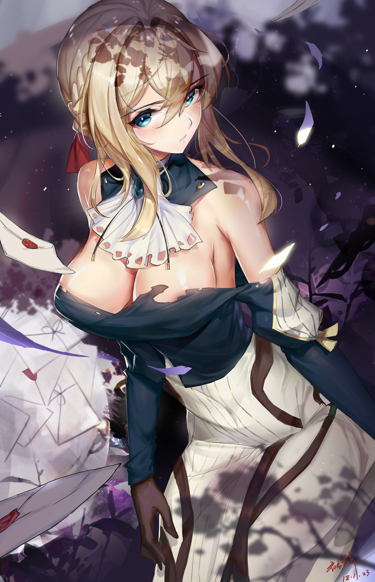 Anime 1200x1865 blonde Violet Evergarden cleavage dress torn clothes letter