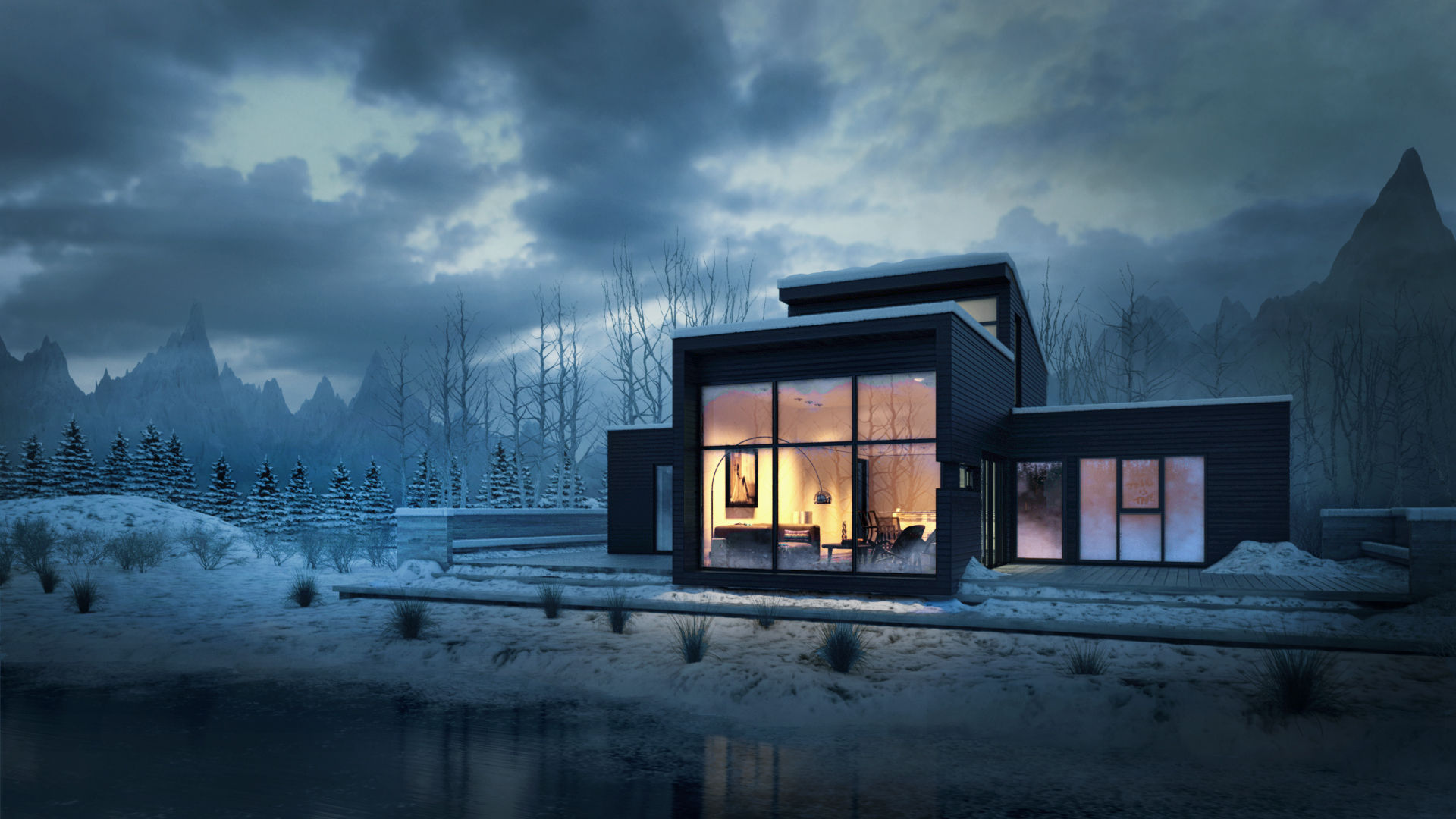 General 1920x1080 architecture modern nature landscape house trees winter snow mountains lake pine trees clouds lights