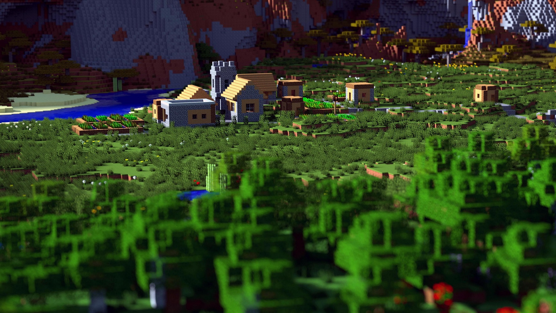 General 1920x1080 Minecraft video games village depth of field