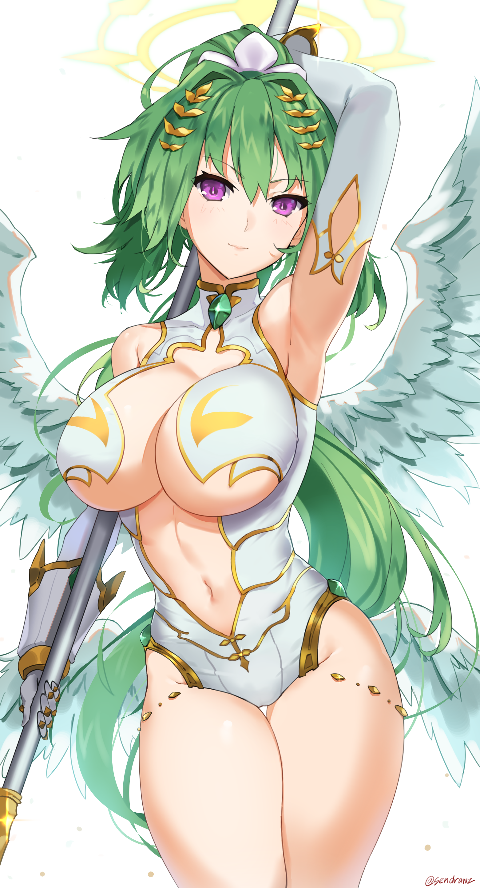 Anime 1561x2887 cleavage white background simple background Hyperdimension Neptunia Green Heart Vert (Hyperdimension Neptunia) armpits wings green hair purple eyes elbow gloves big boobs thighs