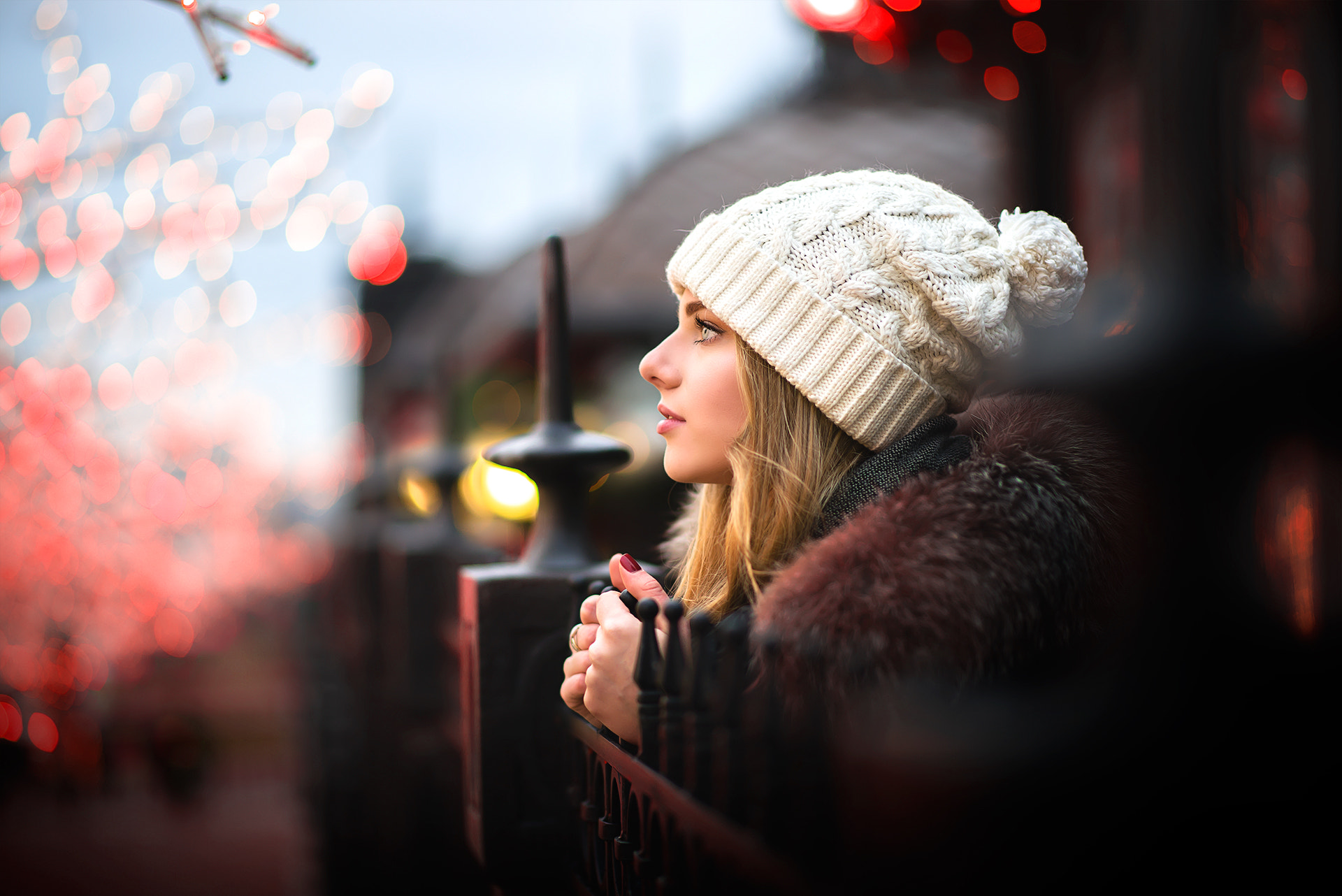 People 1920x1282 women blonde hat blue eyes women outdoors face portrait bokeh lights winter profile fur coats Anton Mayorov looking into the distance red nails wool cap white cap side view young women
