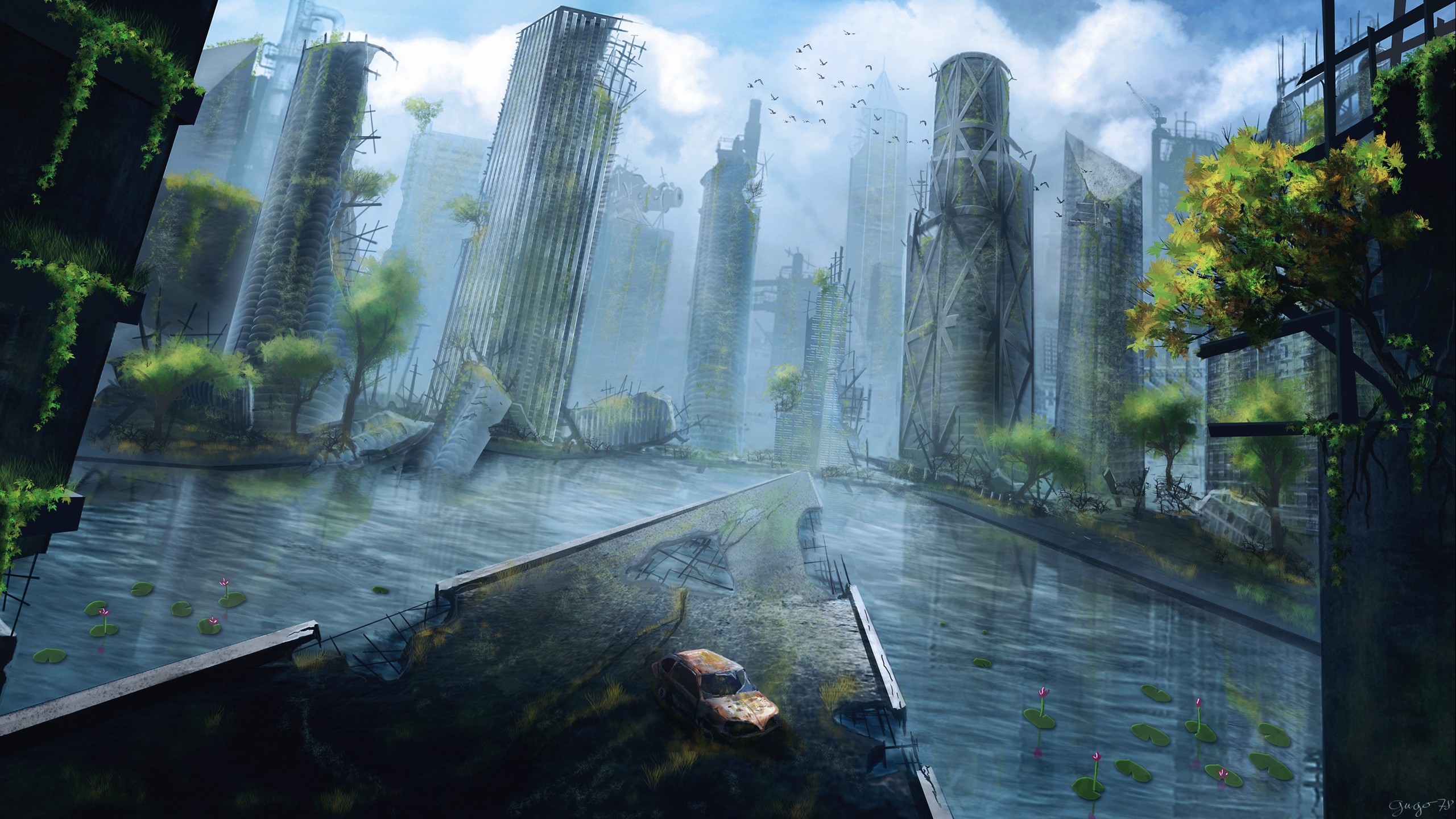 General 2560x1440 artwork apocalyptic city ruins skyscraper water car wreck