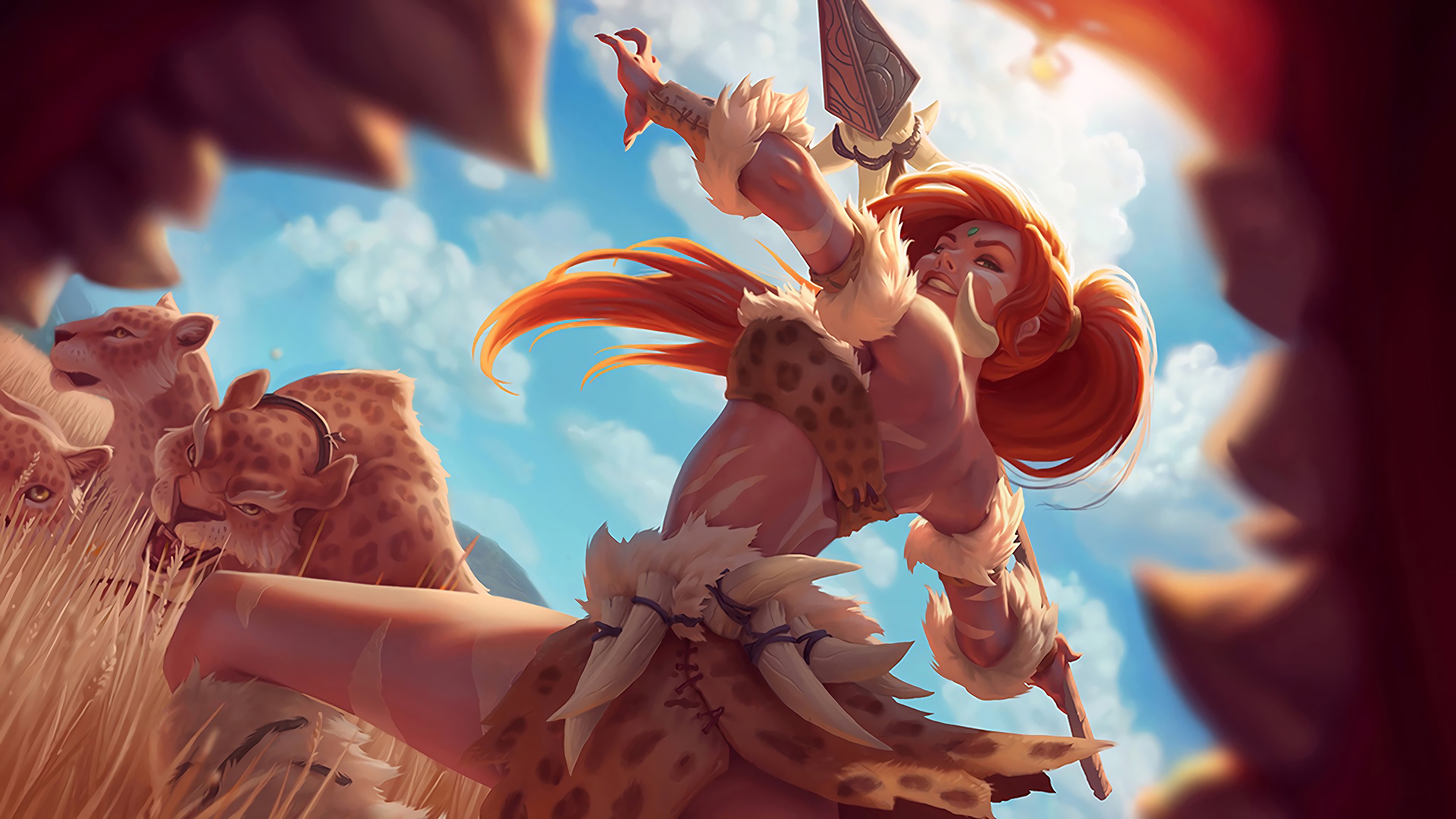 General 3840x2160 women artwork hunter Nidalee (League of Legends) League of Legends video game girls video game characters PC gaming redhead spear girls with guns fantasy art fantasy girl