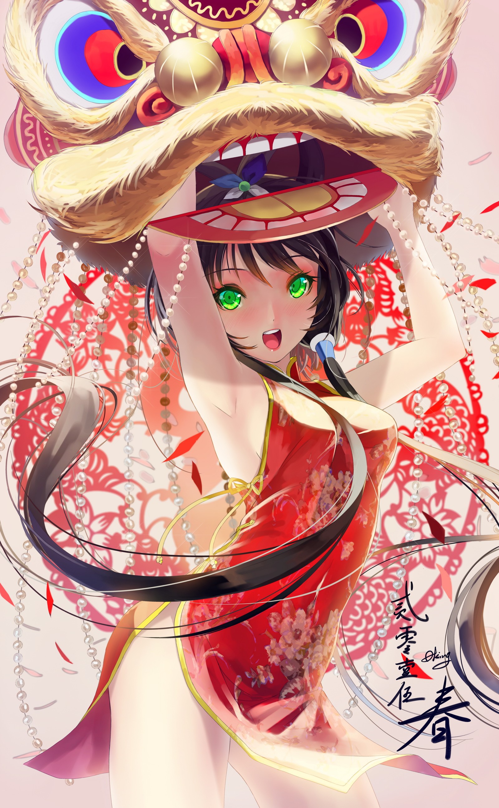 Anime 1600x2589 anime anime girls Vocaloid Vocaloid China long hair green eyes Chinese dress cheongsam Luo Tianyi (vocaloid) chinese new year Pixiv open mouth arms up fantasy art fantasy girl