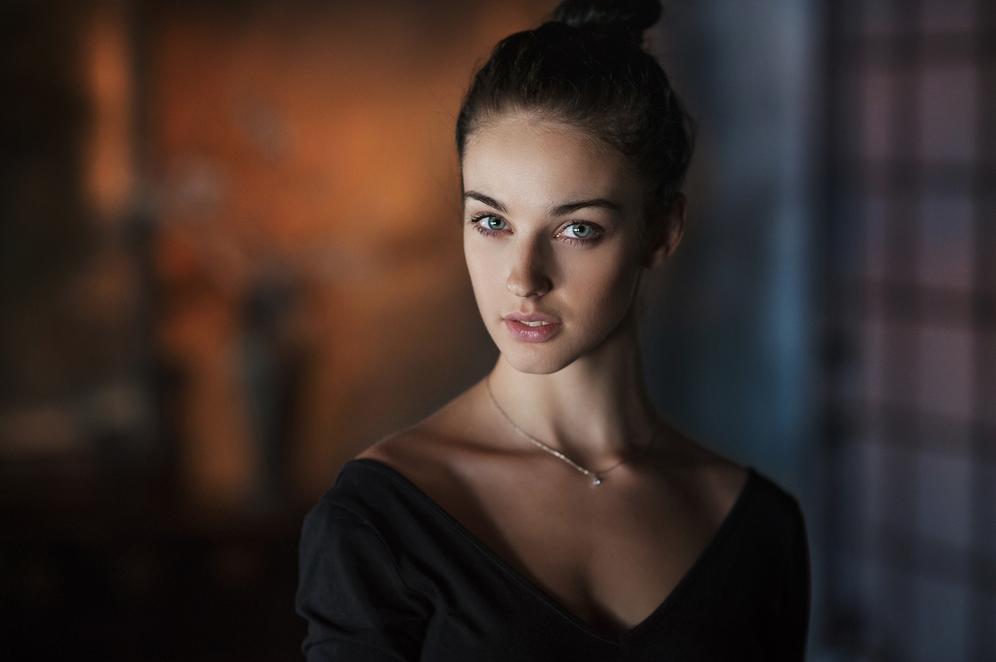 People 2048x1362 women brunette portrait blue eyes cleavage black clothing Alla Berger Maxim Maximov hairbun face necklace women indoors indoors looking at viewer