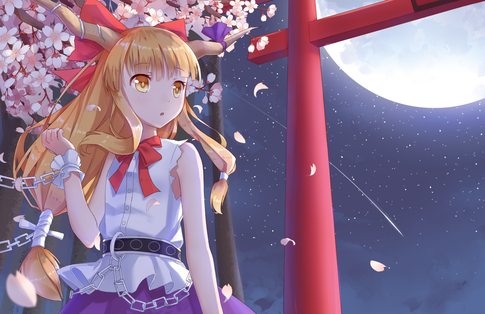 Anime 1668x1082 blonde dress horns Ibuki Suika red eyes Touhou Moon sky night cherry blossom chains