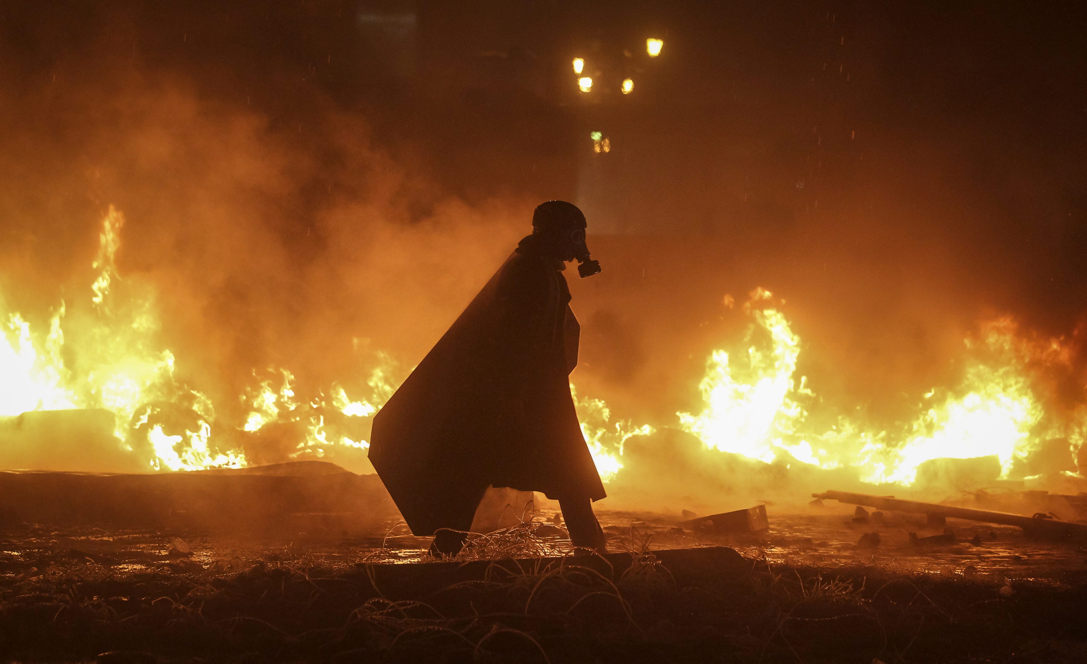 People 3500x2137 fire lights gas masks riots apocalyptic dark night Maidan Ukraine war Civil War Terror silhouette