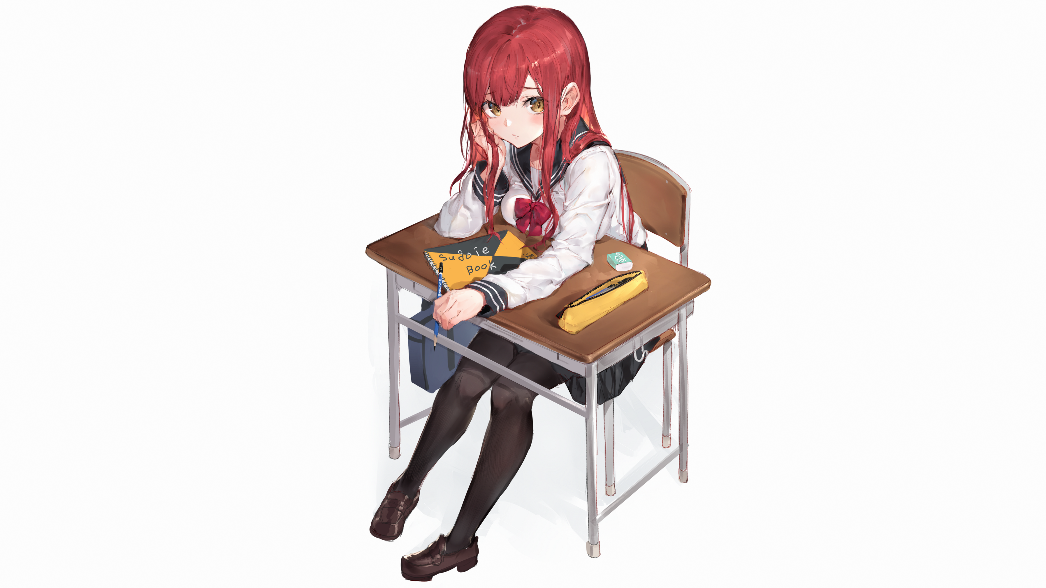Anime 3589x2019 anime girls original characters redhead long hair looking at viewer schoolgirl school uniform sailor uniform sitting desk chair artwork 2D Wait_ar anime