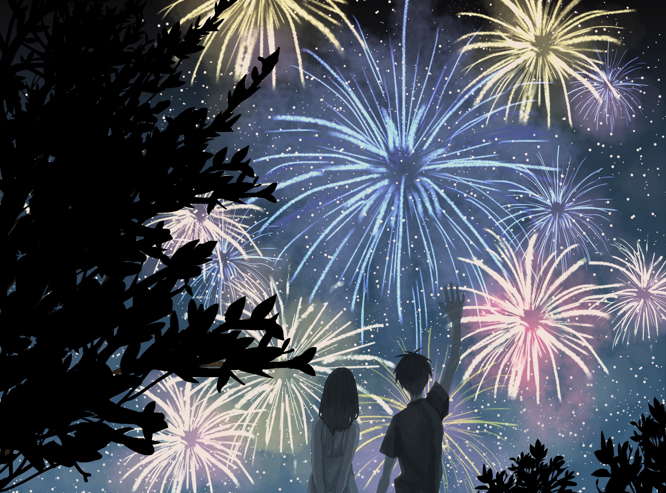 Anime 2554x1889 fireworks sky plants anime stars summer