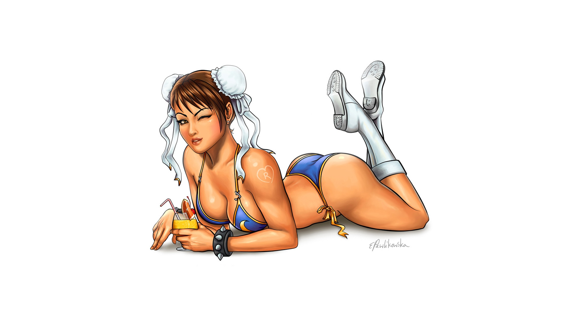 General 1920x1080 video games video game art Street Fighter Chun-Li boobs legs up simple background white background one eye closed cocktails video game warriors ass