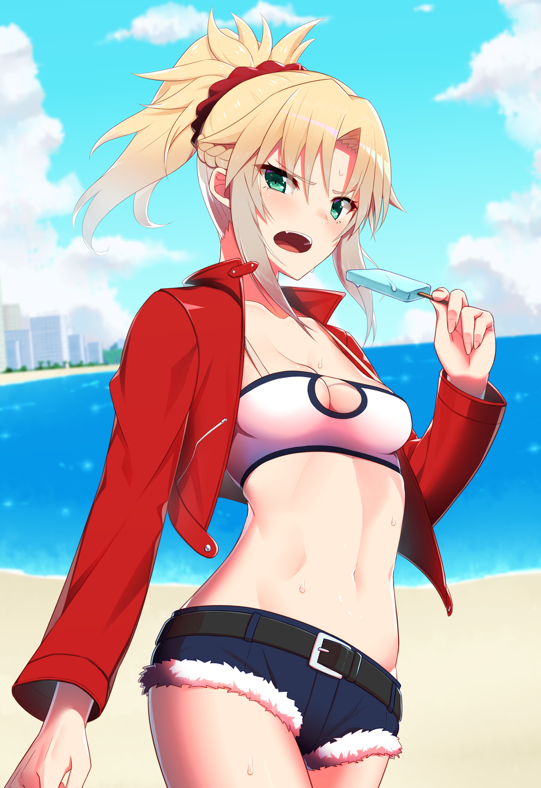 Anime 1100x1600 anime anime girls digital art artwork portrait display Mordred (Fate/Apocrypha) Fate/Apocrypha  Fate/Grand Order ponytail blonde green eyes open mouth beach sky clouds jacket short shorts belly button food ice cream sand water boobs small boobs Fate series looking at viewer angry