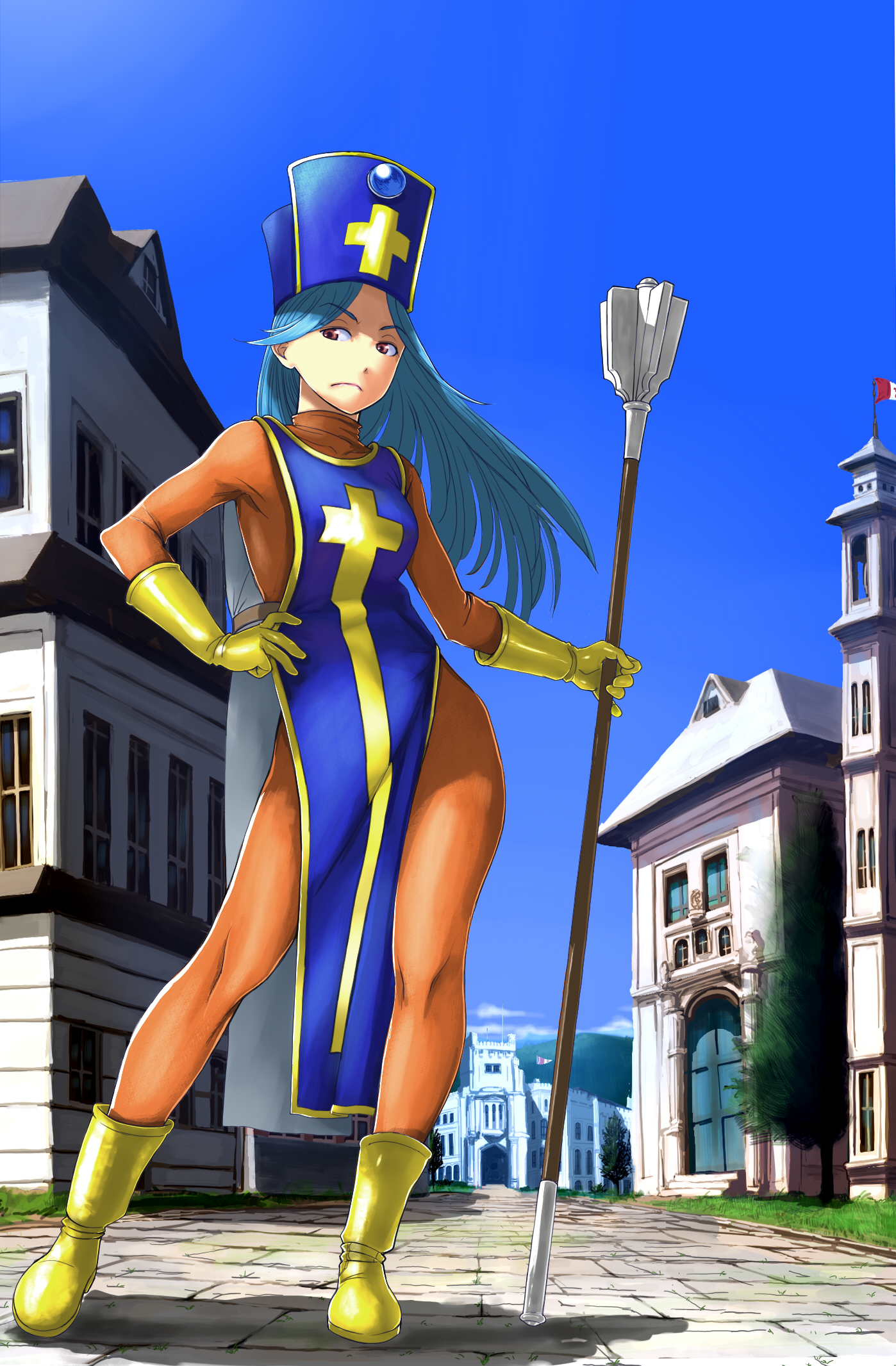 General 1398x2131 Dragon Quest fantasy girl bodystocking cyan hair boots portrait display bodysuit digital art looking at viewer frown outdoors women outdoors weapon solo mace gloves hat town long hair hands on hips building sunlight clear sky sky
