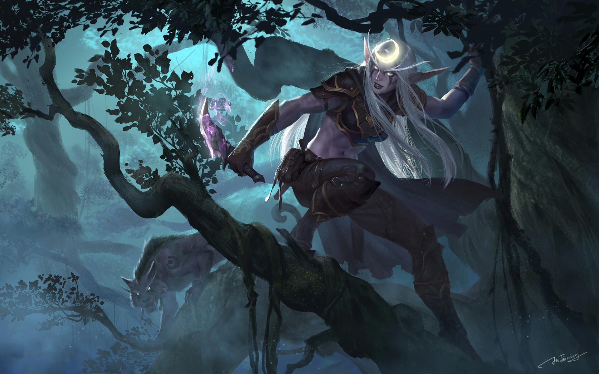 General 1920x1200 World of Warcraft night elves elves Druid rogue Jianing Hu cyan digital art signature