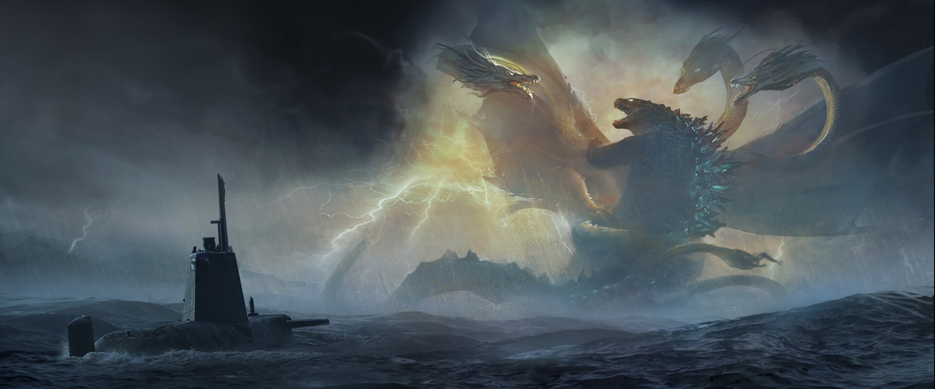 General 1920x800 Godzilla Godzilla: King of the Monsters kaiju artwork Weta Workshop King Ghidorah sea submarine